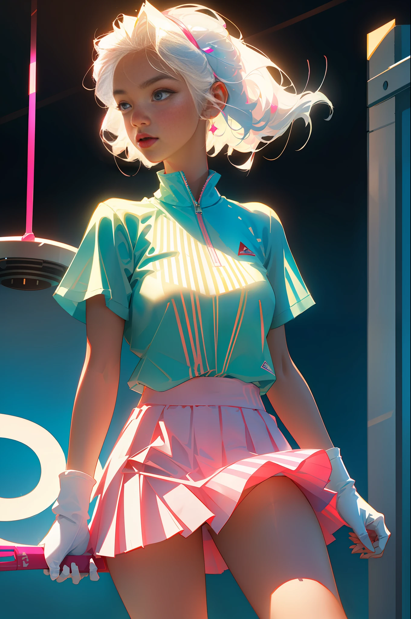 Highest quality, perfect masterpiece, perfect art, 8K, (young and energetic girl, tennis, wearing pink-blue-red color-block sneakers, urban tennis style dressing, top is clean babes white T-shirt, light blue pleated skirt, socks with white as the main color pink stripes, with tennis rackets, the environment is a tennis court; The weather is clear and cloudy; The overall color tone is bright; thick coating style; , delicate face, white hair girl, (white hair: 1.3), medium and short hair, (black background: 1.3), pearl illusion, cyberpunk, fashion trends, 3s material, HD, detail performance, c4d, 3D, octane rendering, ray tracing, complex details, animated lighting, OCrenderer, 8k,
