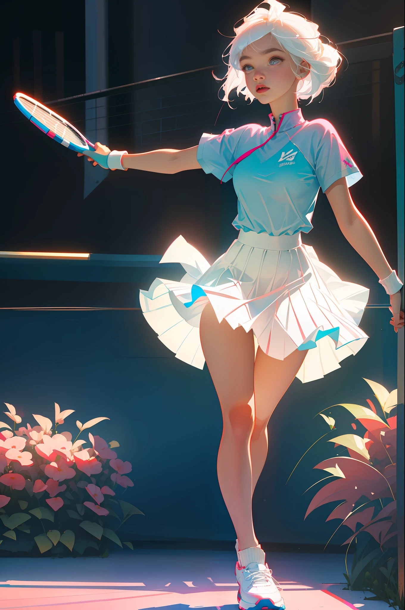 Highest quality, perfect masterpiece, perfect art, 8K, (young and energetic girl, tennis, wearing pink-blue-red color-block sneakers, urban tennis style dressing, top is clean babes white T-shirt, light blue pleated skirt, socks with white as the main color pink stripes, with tennis rackets, the environment is a tennis court; The weather is clear and cloudy; The overall color tone is bright; thick coating style; , delicate face, white hair girl, (white hair: 1.3), medium and short hair, (black background: 1.3), pearl illusion, cyberpunk, fashion trends, 3s material, HD, detail performance, c4d, 3D, octane rendering, ray tracing, complex details, animated lighting, OCrenderer, 8k,