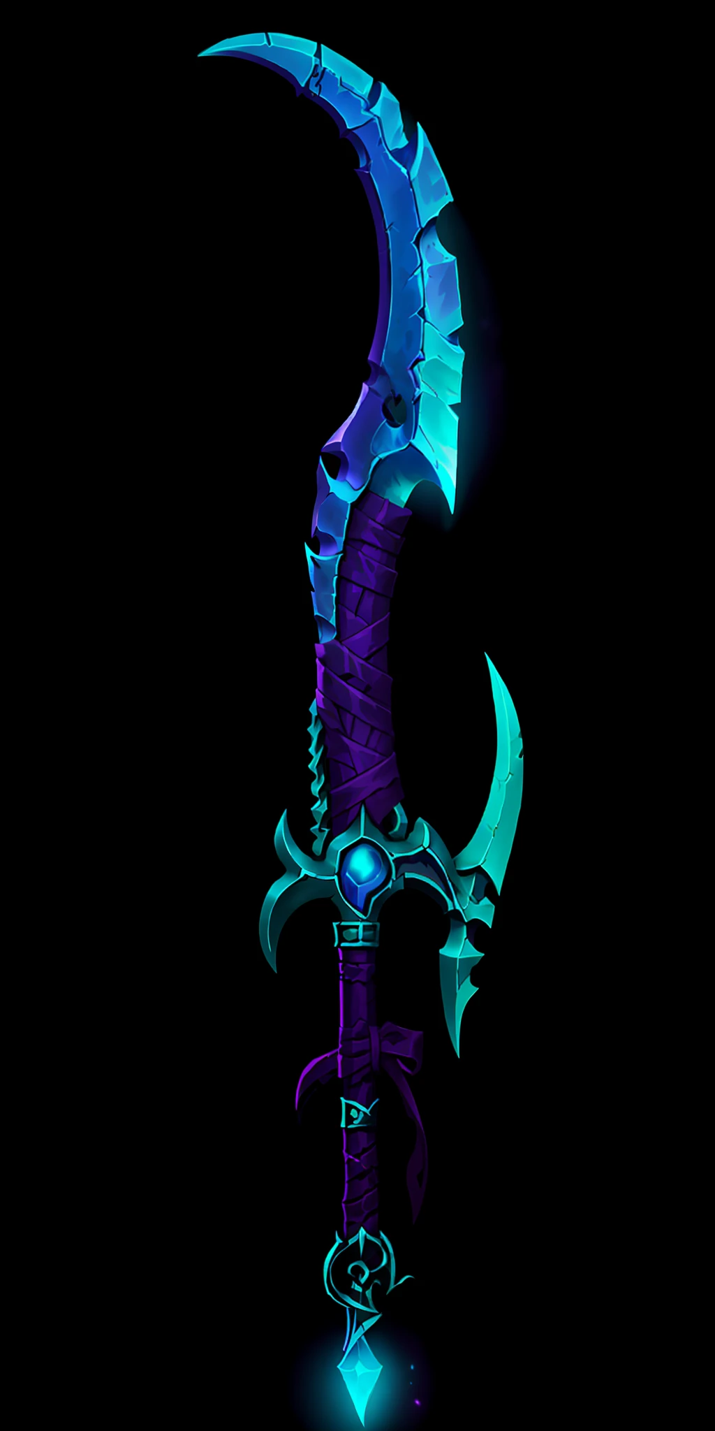 necromancer scythe sword, ornate blade, purple handle with bandages, cyan glow