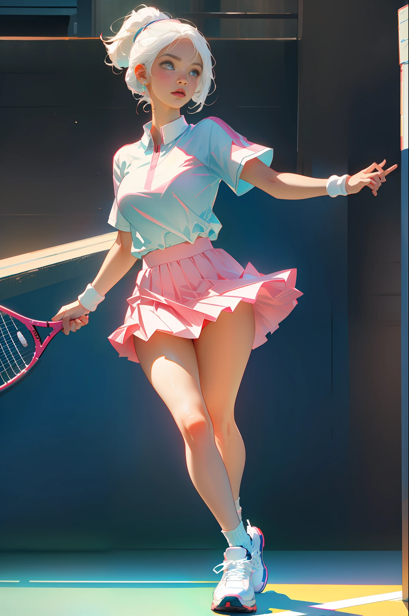 Highest quality, perfect masterpiece, perfect art, 8K, (young and energetic girl, tennis, wearing pink-blue-red color-block sneakers, urban tennis style dressing, top is clean babes white T-shirt, light blue pleated skirt, socks with white as the main color pink stripes, with tennis rackets, the environment is a tennis court; The weather is clear and cloudy; The overall color tone is bright; thick coating style; , delicate face, white hair girl, (white hair: 1.3), medium and short hair, (black background: 1.3), pearl illusion, cyberpunk, fashion trends, 3s material, HD, detail performance, c4d, 3D, octane rendering, ray tracing, complex details, animated lighting, OCrenderer, 8k,