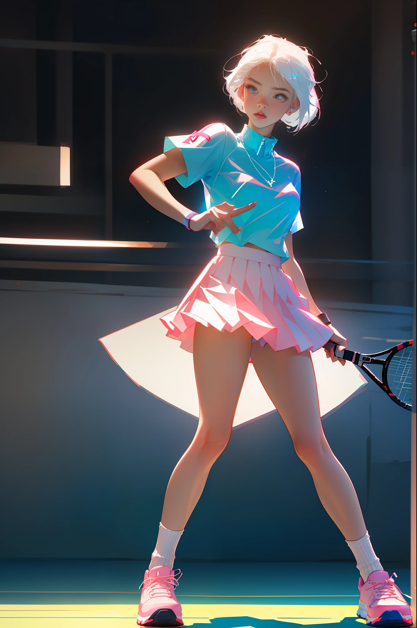 Highest quality, perfect masterpiece, perfect art, 8K, (young and energetic girl, tennis, wearing pink-blue-red color-block sneakers, urban tennis style dressing, top is clean babes white T-shirt, light blue pleated skirt, socks with white as the main color pink stripes, with tennis rackets, the environment is a tennis court; The weather is clear and cloudy; The overall color tone is bright; thick coating style; , delicate face, white hair girl, (white hair: 1.3), medium and short hair, (black background: 1.3), pearl illusion, cyberpunk, fashion trends, 3s material, HD, detail performance, c4d, 3D, octane rendering, ray tracing, complex details, animated lighting, OCrenderer, 8k,