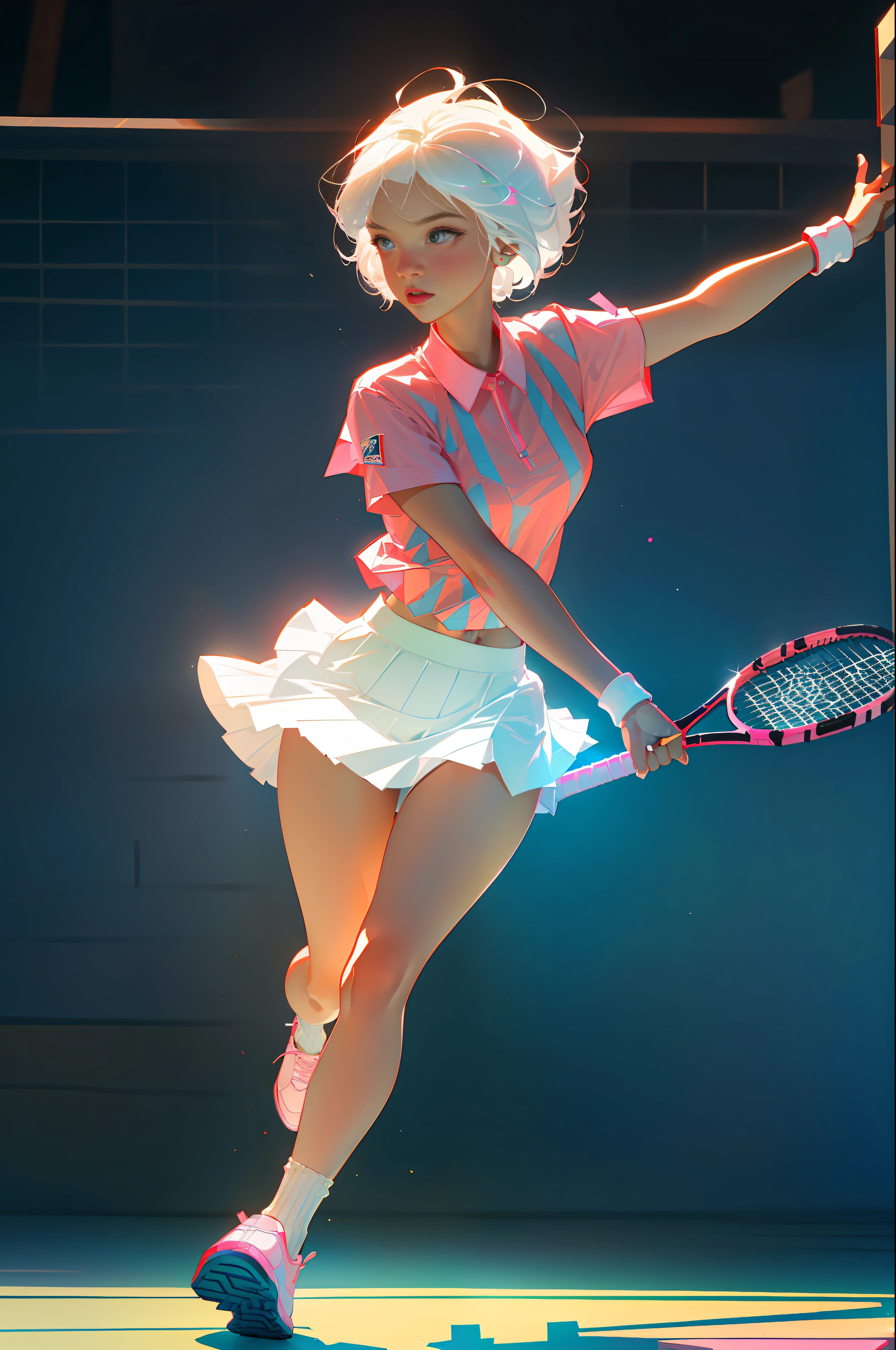Highest quality, perfect masterpiece, perfect art, 8K, (young and energetic girl, tennis, wearing pink-blue-red color-block sneakers, urban tennis style dressing, top is clean babes white T-shirt, light blue pleated skirt, socks with white as the main color pink stripes, with tennis rackets, the environment is a tennis court; The weather is clear and cloudy; The overall color tone is bright; thick coating style; , delicate face, white hair girl, (white hair: 1.3), medium and short hair, (black background: 1.3), pearl illusion, cyberpunk, fashion trends, 3s material, HD, detail performance, c4d, 3D, octane rendering, ray tracing, complex details, animated lighting, OCrenderer, 8k,