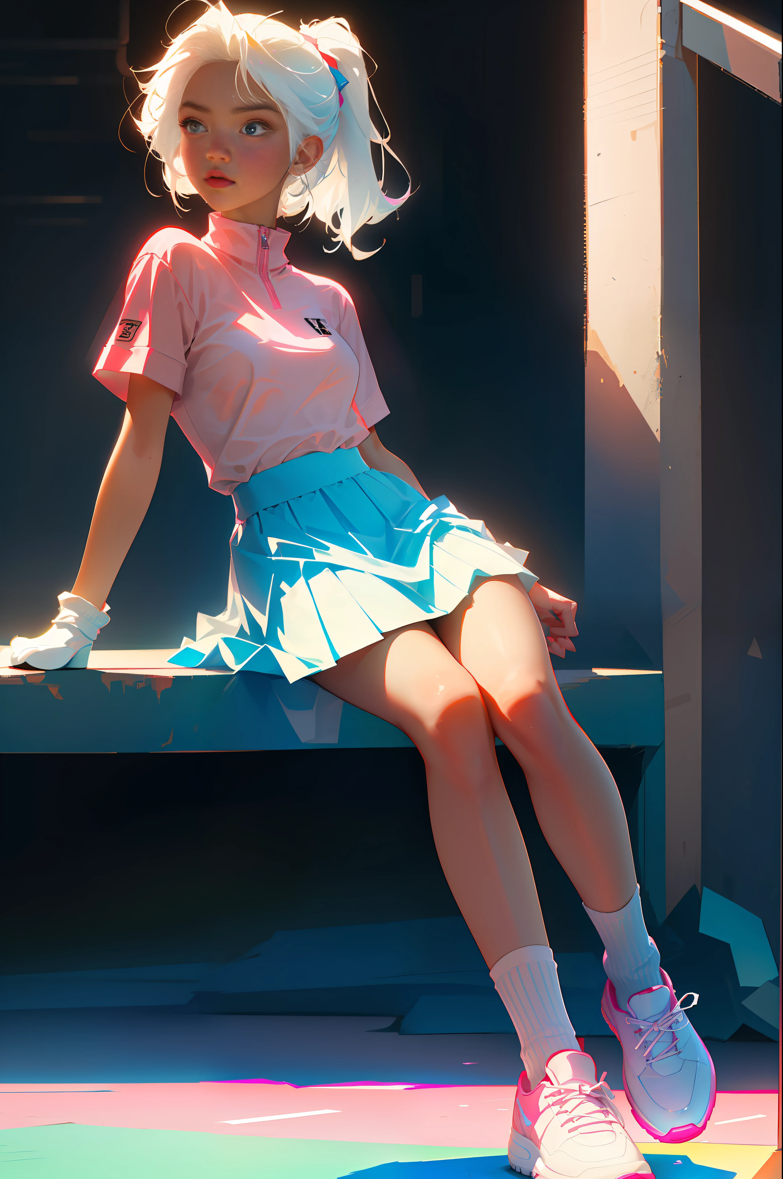 Highest quality, perfect masterpiece, perfect art, 8K, (young and energetic girl, tennis, wearing pink-blue-red color-block sneakers, urban tennis style dressing, top is clean babes white T-shirt, light blue pleated skirt, socks with white as the main color pink stripes, with tennis rackets, the environment is a tennis court; The weather is clear and cloudy; The overall color tone is bright; thick coating style; , delicate face, white hair girl, (white hair: 1.3), medium and short hair, (black background: 1.3), pearl illusion, cyberpunk, fashion trends, 3s material, HD, detail performance, c4d, 3D, octane rendering, ray tracing, complex details, animated lighting, OCrenderer, 8k,