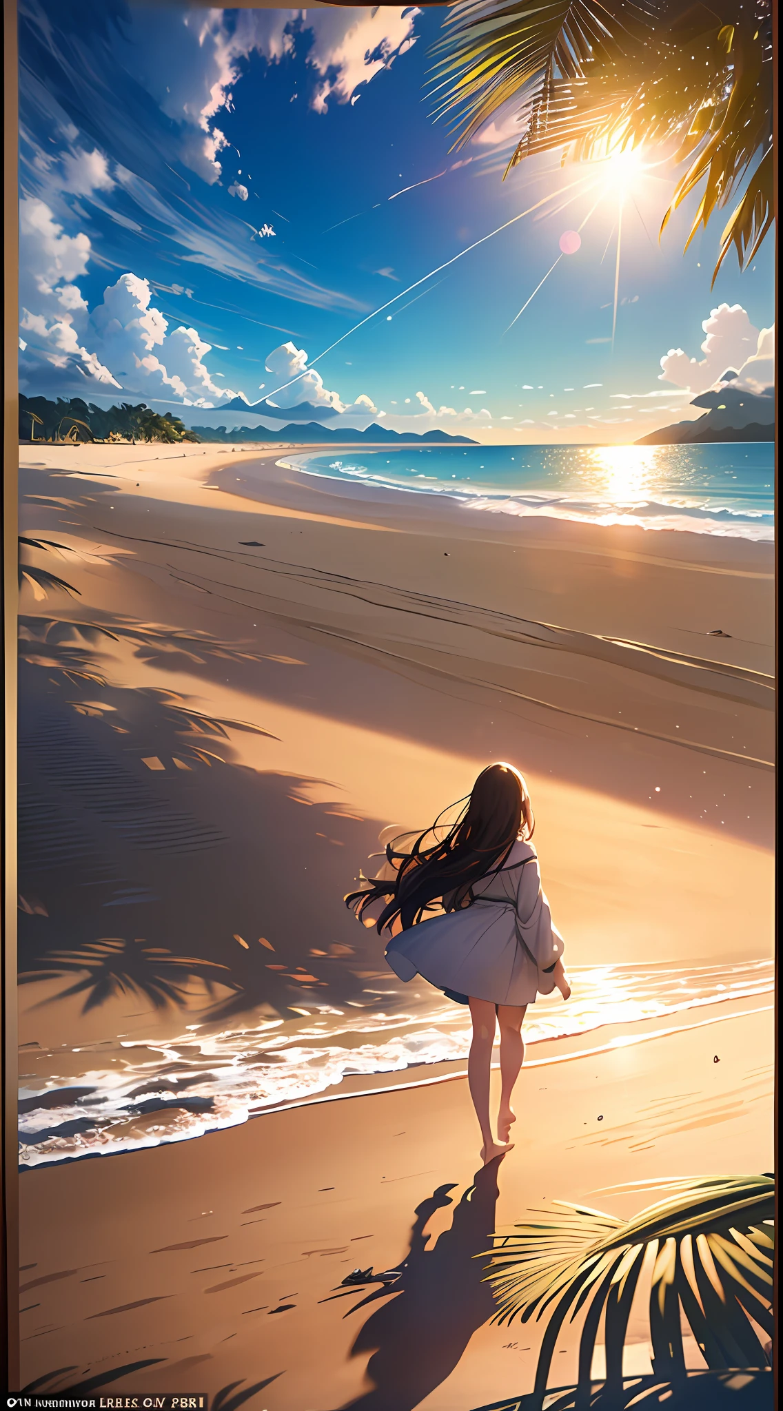 A wide-ranging landscape photo, captured with a stunning view of the beach, with the blue sky and the open countryside of the coastline below. On the golden sand, a girl is standing, barefoot, looking up. The bright sun (1:2) is radiant in the sky, scattering its rays of golden light throughout the scene. In the distance, distant mountains can be seen along the coast, adding a sense of serenity. BREAK Crafting Art tropical trees frame the beach, providing soft shade and a picturesque natural frame. The warm light (1.2) of the sun bathes the scene, creating a vibrant color palette, with shades of purple and orange blending harmoniously. Intricate details and volumetric lighting BREAK (Masterpiece: 1.2) highlight the stunning beauty of the place. The image quality is 4K, ultra detailed, capturing each element perfectly. The dynamic composition (1.4) gives movement and fluidity to the image, while vivid colors and a rainbow (1.2) add a magical touch. The brightness of the sun reflected in the water and the atmospheric lighting create an atmosphere of dream and tranquility. The soil (1.2) is rich in detail and texture, conveying the feeling of walking on the warm sand of the beach.