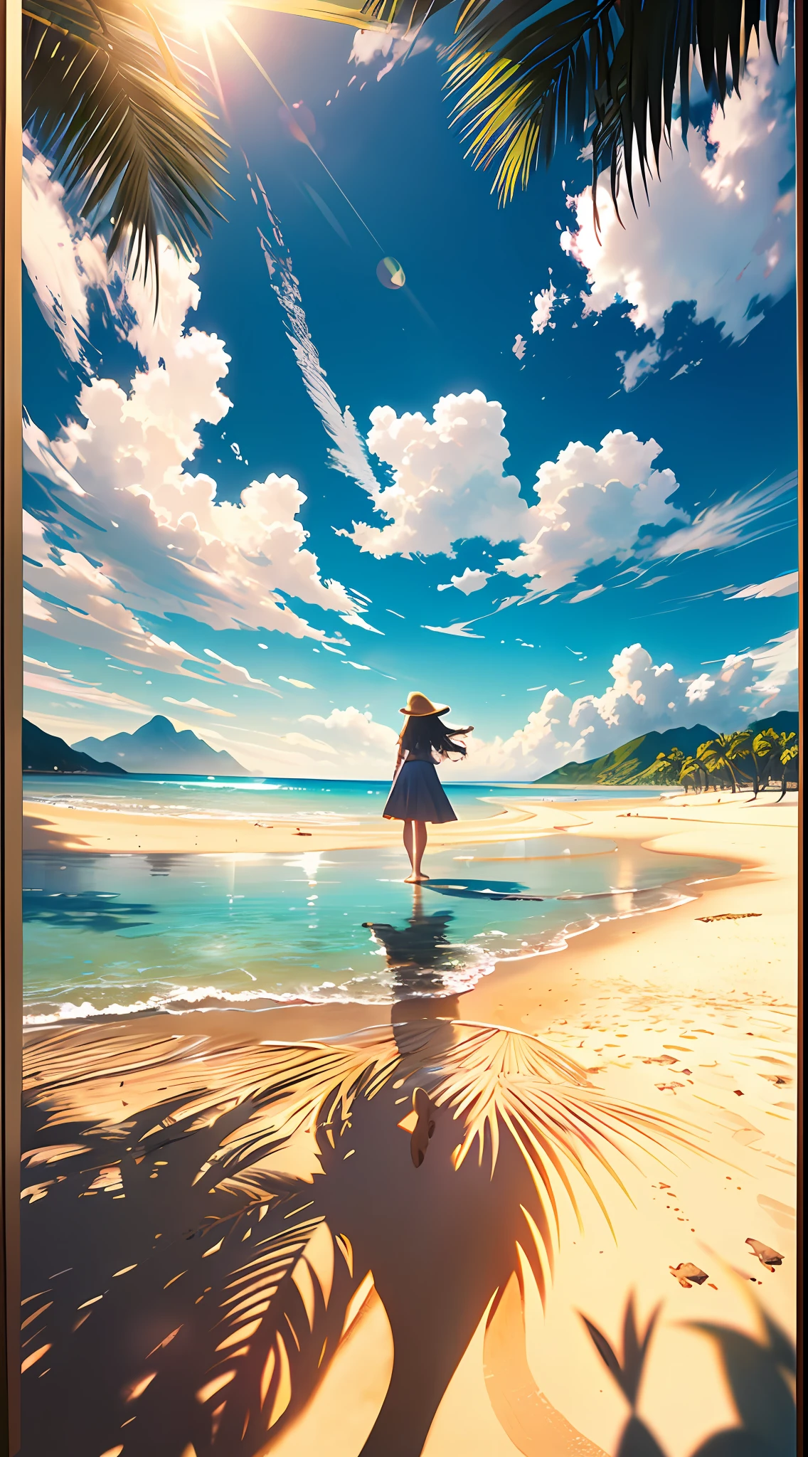 A wide-ranging landscape photo, captured with a stunning view of the beach, with the blue sky and the open countryside of the coastline below. On the golden sand, a girl is standing, barefoot, looking up. The bright sun (1:2) is radiant in the sky, scattering its rays of golden light throughout the scene. In the distance, distant mountains can be seen along the coast, adding a sense of serenity. BREAK Crafting Art tropical trees frame the beach, providing soft shade and a picturesque natural frame. The warm light (1.2) of the sun bathes the scene, creating a vibrant color palette, with shades of purple and orange blending harmoniously. Intricate details and volumetric lighting BREAK (Masterpiece: 1.2) highlight the stunning beauty of the place. The image quality is 4K, ultra detailed, capturing each element perfectly. The dynamic composition (1.4) gives movement and fluidity to the image, while vivid colors and a rainbow (1.2) add a magical touch. The brightness of the sun reflected in the water and the atmospheric lighting create an atmosphere of dream and tranquility. The soil (1.2) is rich in detail and texture, conveying the feeling of walking on the warm sand of the beach.