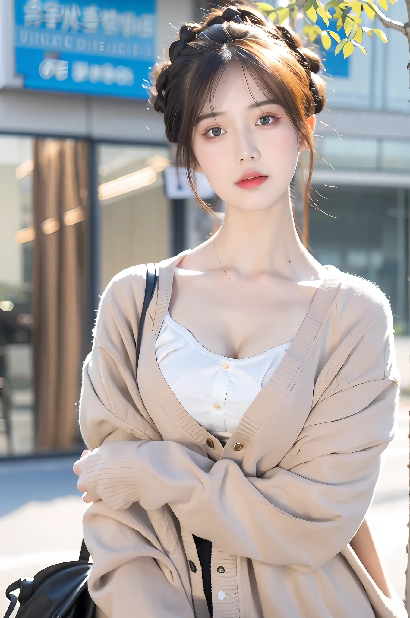 Incomparable masterpiece, perfect artwork, ((perfect female figure)), short hair, blonde hair, thin, realism, solo, (realism: 1.4), best quality, super high resolution, 1girl, porcelain, kpop ido, full body, gray cardigan, (C cup), beautiful, masterpiece, best quality, very detailed face, perfect lighting, solo, plain makeup, best quality, super high resolution, (realistic:1.4), super detailed, masterpiece, best quality, 👍 ulzzang -6500-v1.1