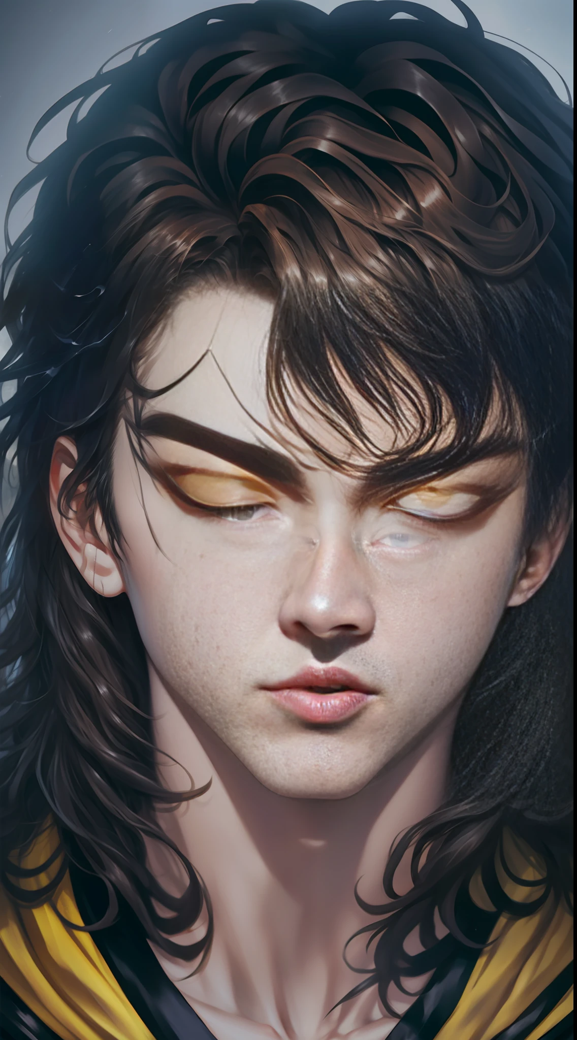 man, wallpaper, angel yellow tone on the left, demon black tone on the right, one thought becomes a demon, one thought becomes a Buddha statue, one eye is golden and one eye is black Striped hair, Brunette hair, bangs, curly hair, messy hair, mask, mole under the eyes, one eye closed, half closed eyes, heterochromia, evil smile, serious, anime style, En plein air, chiaroscuro, cinematic lighting, frame, pov, wide angle, ultra wide angle, ultra hd, masterpiece, ccurate, textured skin, super detail, high detail, high quality, high resolution, best quality, 1080P, HD, 16k --auto --s2