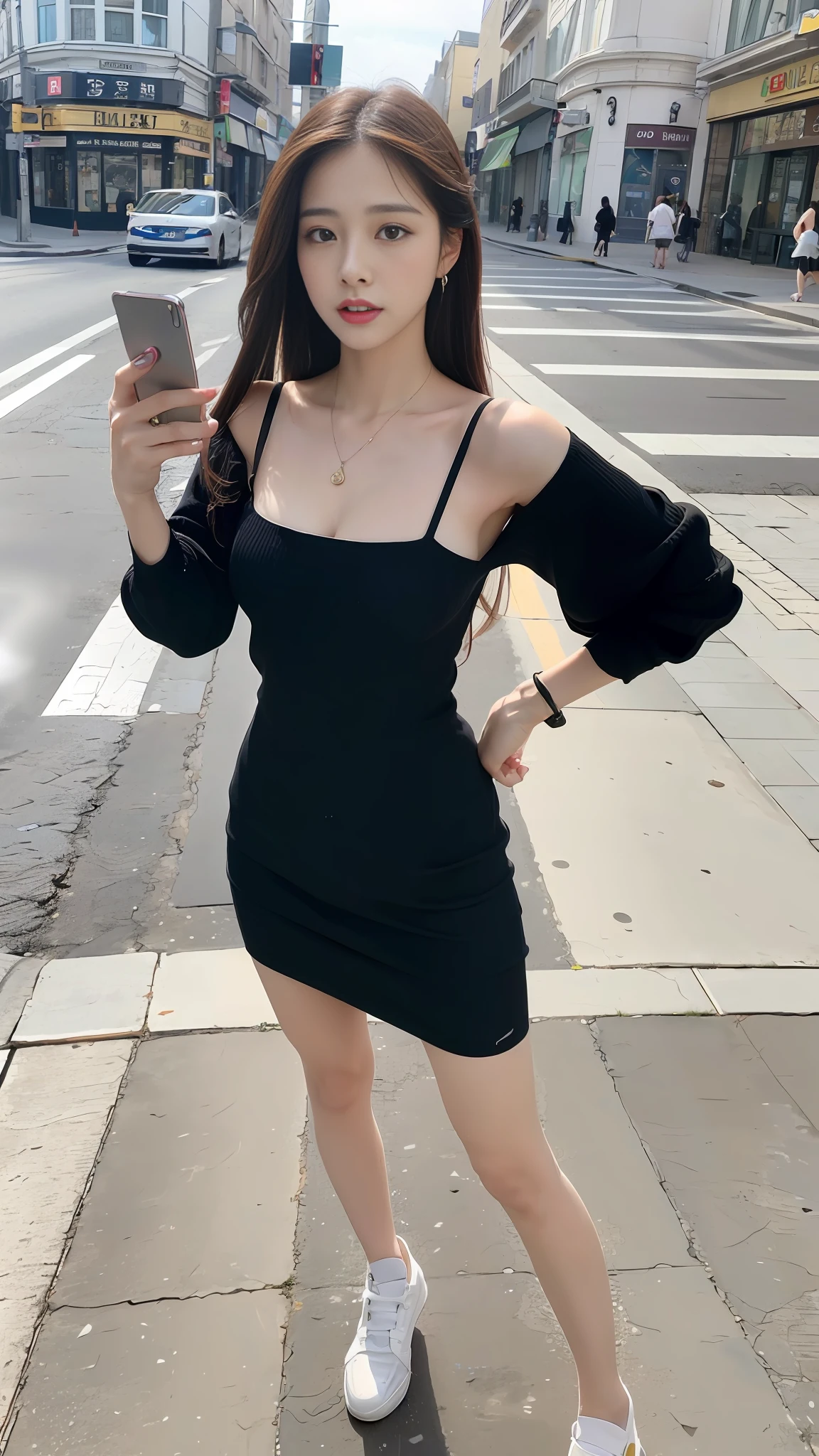 Best quality, masterpiece, ultra high res, (photorealistic: 1.4), 1girl, sexy, beautiful woman, fiddling with her phone in the middle of the street, short clothes