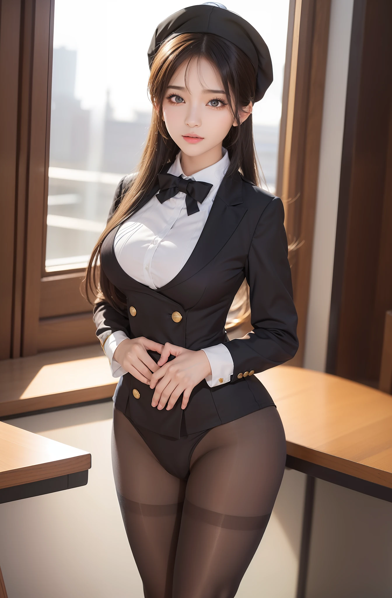 ulzzang-6500-v1.1, (raw photo:1.2), (photorealistic:1.4), beautiful detailed girl, very detailed eyes and face, beautiful detailed eyes, ridiculous, incredibly ridiculous, huge file size, super detailed, high resolution, very detailed, best quality, masterpiece, kemomimi, ((flight attendant outfit)), illustration, very detailed, CG, unified, 8k wallpaper, amazing, fine details, masterpiece, best quality, very detailed CG uniform 8k wallpaper, light on face, movie lighting, 1girl, , white hair, side split, (no hat), (no panties)), ((dynamic pose))), (camel toe), (half), (pantyhose)), ((pantyhose and legs))