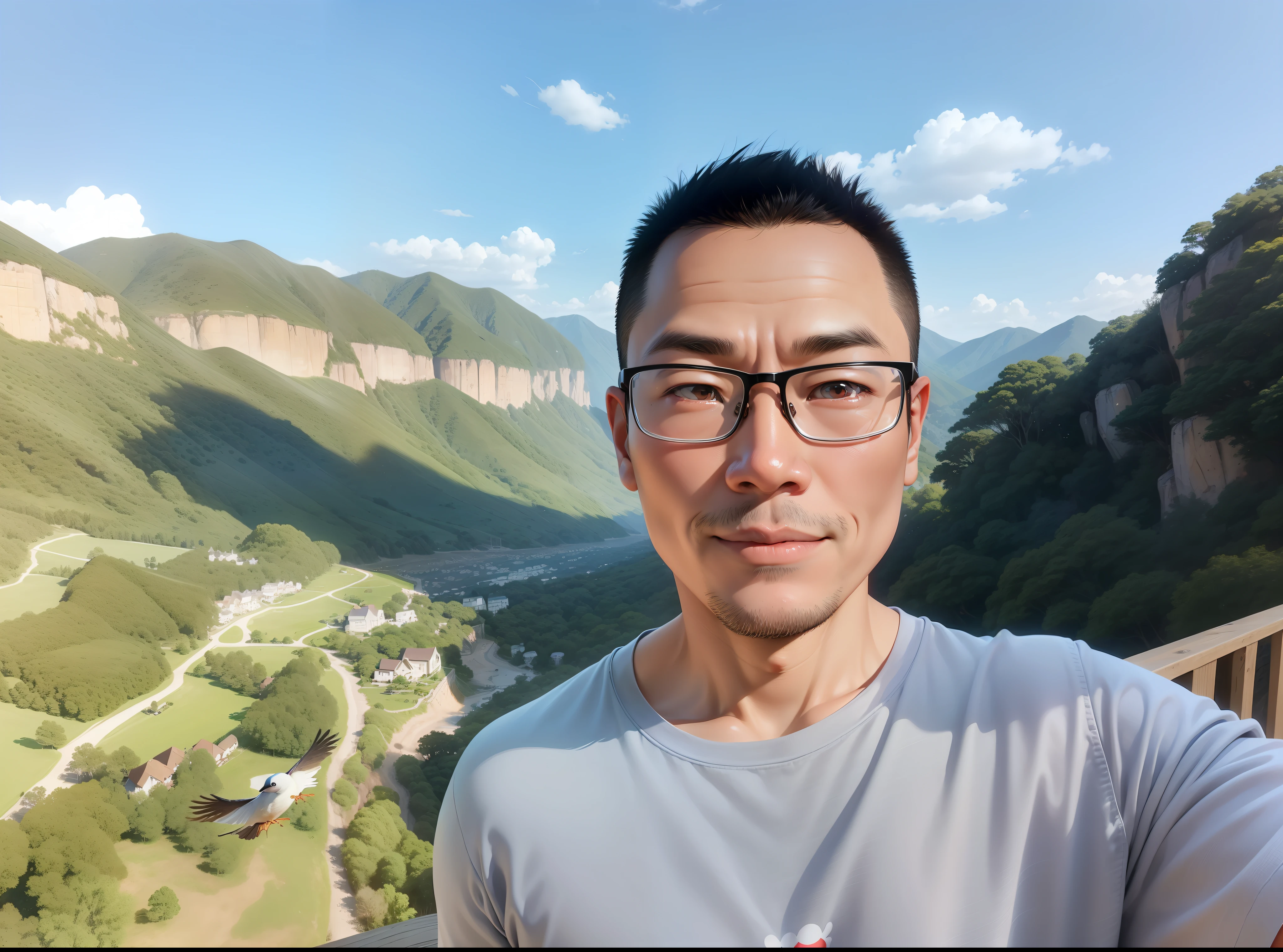 Middle-aged man, 30 years old, Chinese, no beard, no eye bags, no wrinkles on the forehead, cartoon image, Pixar style, shallow smile, gourmet round inch head, borderless glasses, a small mole on the left side of the chin, some small birds flying in the sky in the background --auto --s2