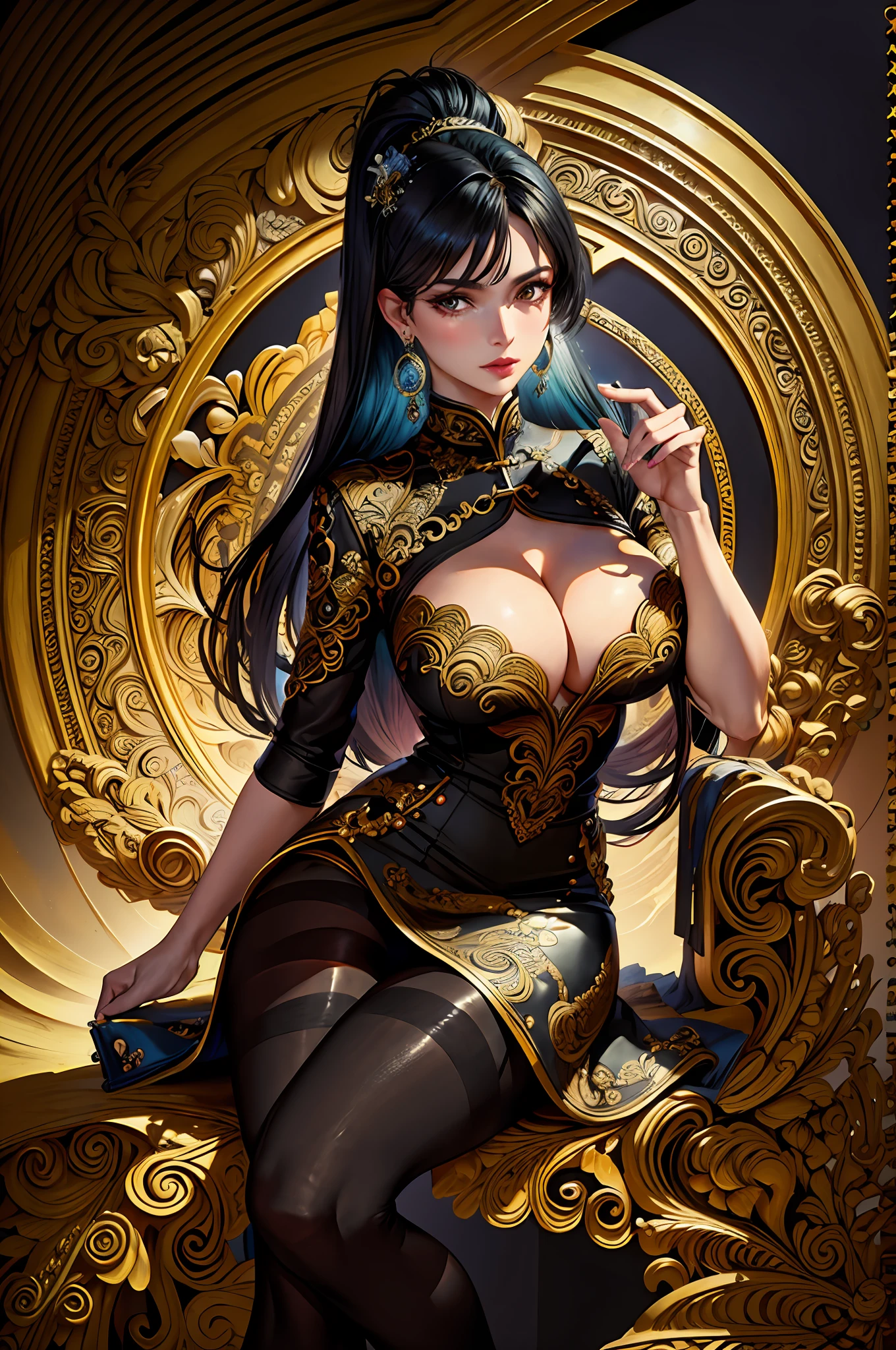 (Masterpiece, Top Quality, Best Quality, Official Art, Beauty and Aesthetics: 1.2), (1girl: 1.3), Very Detailed, (Fractal Art: 1.1), (Color: 1.1) (Flowers: 1.3), Most Detailed, (Zentangle: 1.2), (Dynamic Pose), (Abstract background: 1.3), (Chinese Dress: 1.2), (Shiny Skin), ( many colors:1.4), ,(earrings:1.4), 16k, award-winning photos, extremely detailed, amazing, fine details, ridiculous, 20 years old, sexy theme, high detail, extremely detailed eyes and face, glare eyes, (((black pantyhose)))), (((short skirt))), (((suit))), good hips and long legs, beautiful face, perfect face shape, perfect body, oversize model, mature woman, (((high and long legs))), (((very large breasts))), perfect for wearing tight, simple clothes, high heels, photography 4 Kodak Portra 400 camera F1. 6 colorful lenses, ultra-realistic textures, dramatic lighting IrrealEngine ArtStation Cinestill 800 Tungsten Lamp on the trend, ((((full))), there is a woman sitting in a chair in the room, Masterpiece: 1.2, best quality, Ultra high resolution, realism, ultra-realistic detail, clear focus, (real pictures, fine production, depth of field), solo, beautiful girl, masterpiece: 1.2,