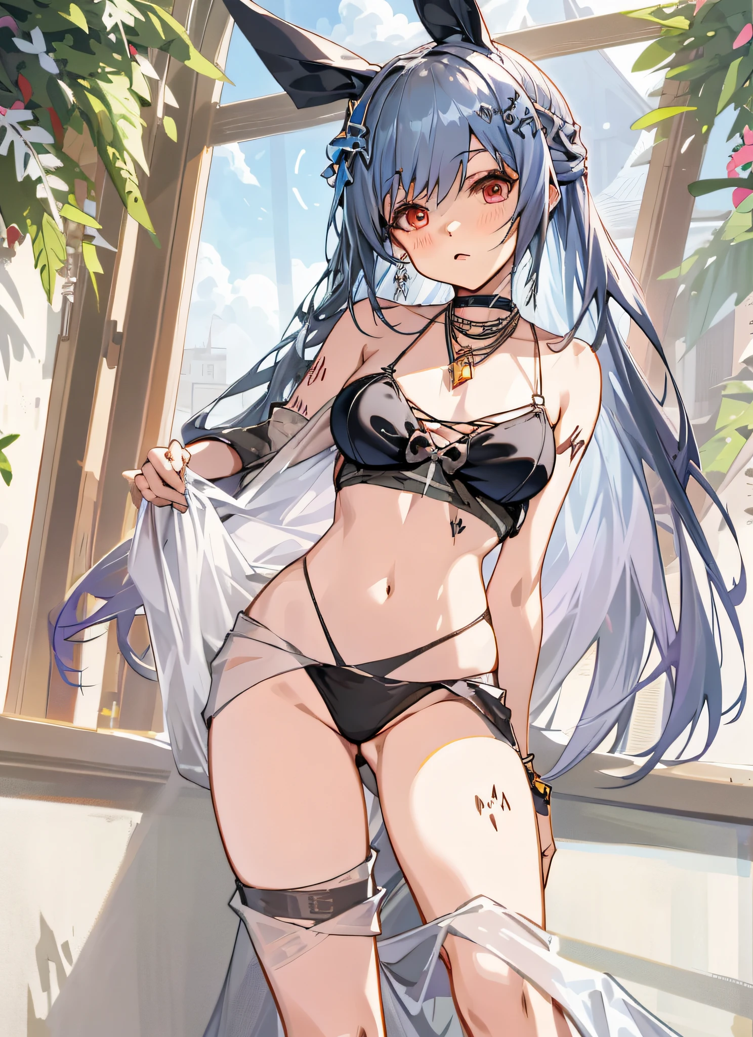 anime girl in bunny ears and lingersuit posing in front of window, small curvy , azur lane style, seductive anime girl, from girls frontline, anime moe artstyle, characters from azur lane, from the azur lane videogame, smooth anime cg art, attire: bikini, fine details. girls frontline, is wearing a swimsuit, guweiz