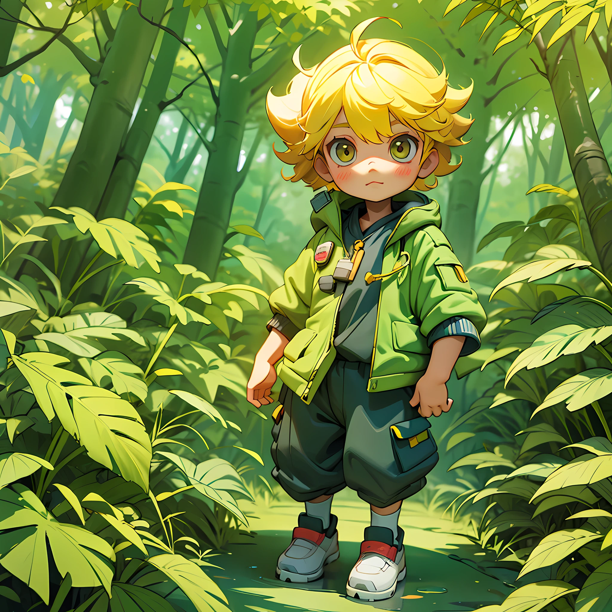 A cute  with yellow hair adventures in the forest