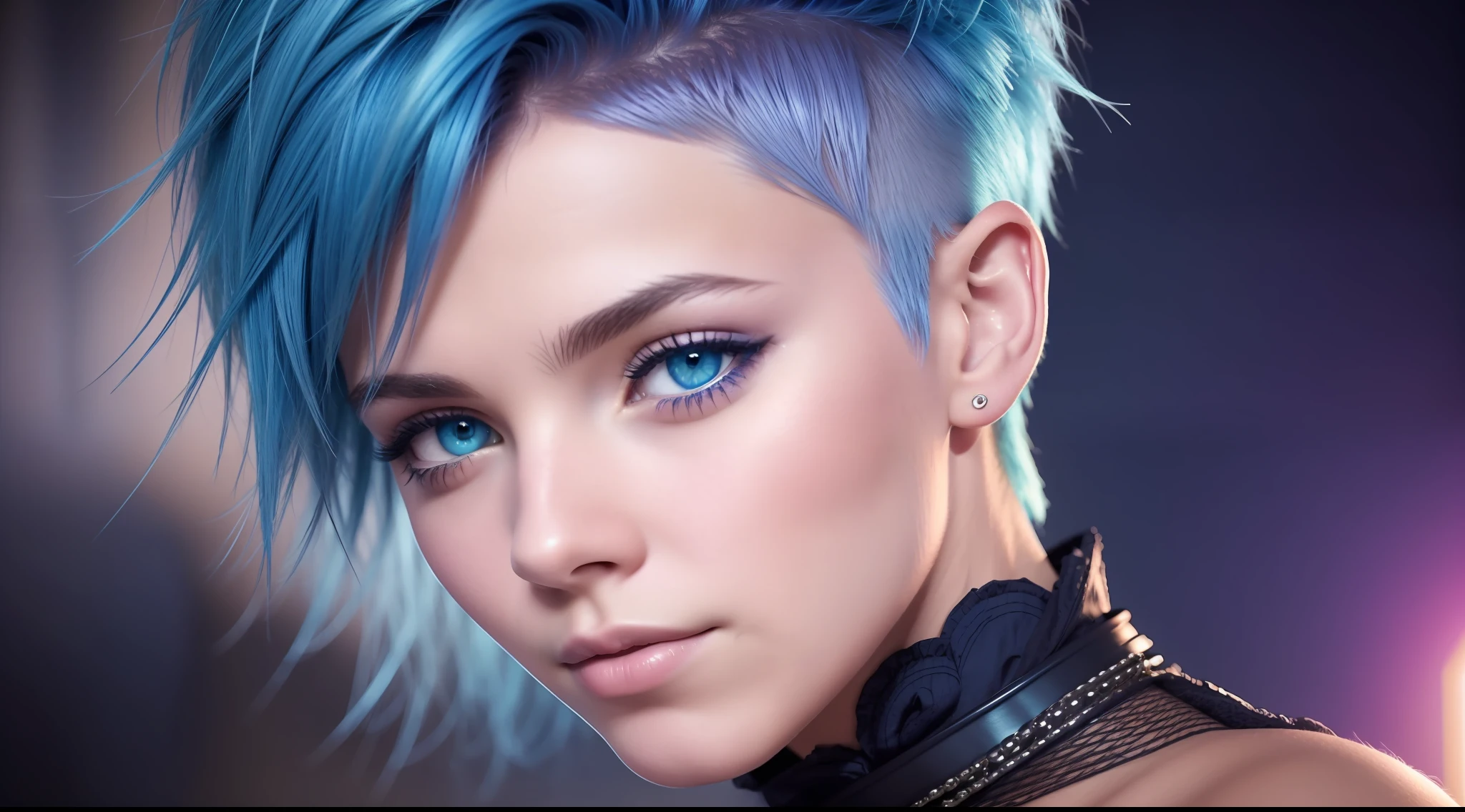 award-winning photo from waist up,, punk hair style, (natural skin texture), nightsky, (hyperdetailed: 1.2), ((1boy)), 80mm, skin pores, (blue blue eyes: 1,233), rough cinematic light, high saturation and softness, power_lines, metallic, extremely detailed CG unit 8k wallpaper, figurative, close-up, professional photograph of a beautiful beautiful European girl in party clothes