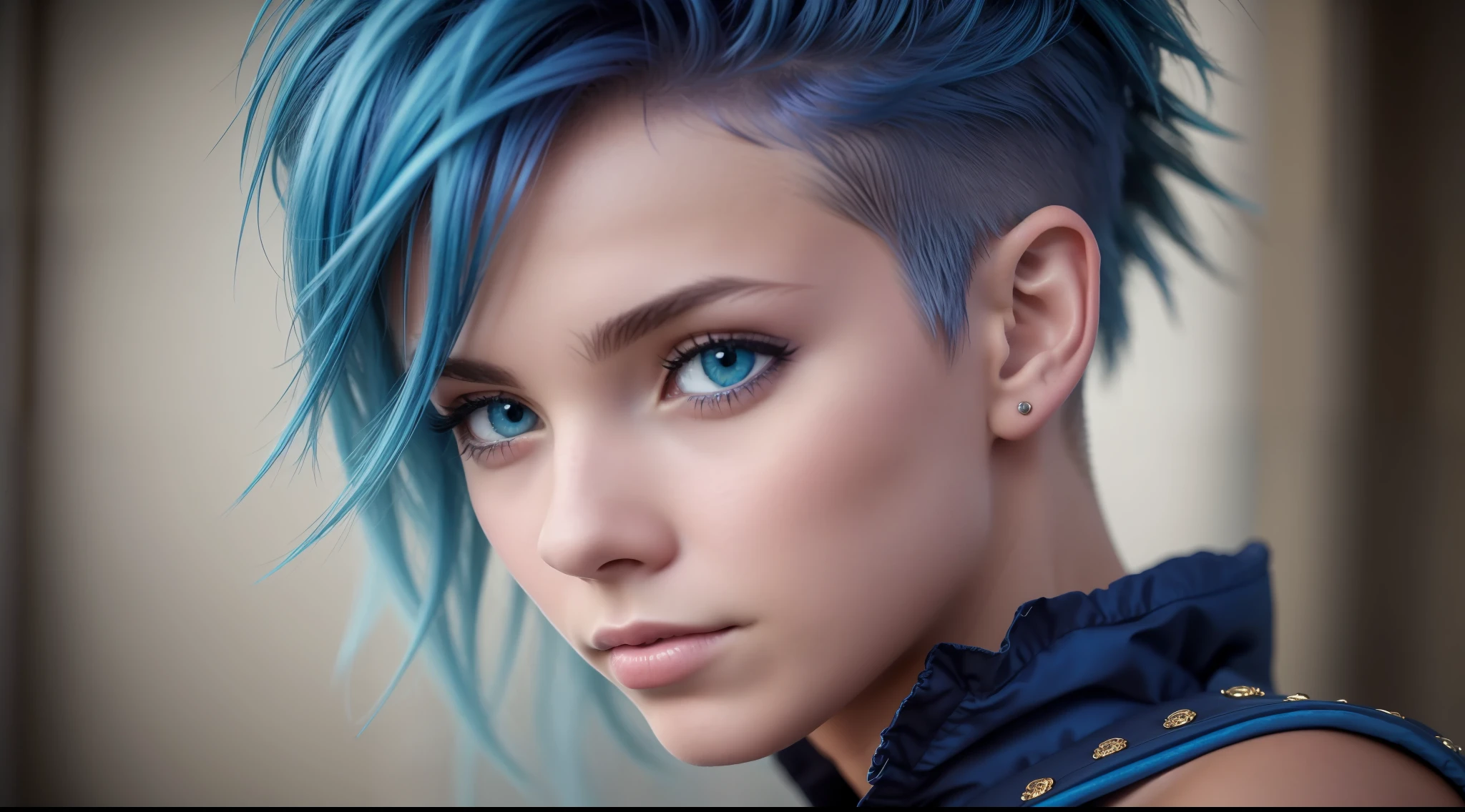 award-winning photo from waist up,, punk hair style, (natural skin texture), nightsky, (hyperdetailed: 1.2), ((1boy)), 80mm, skin pores, (blue blue eyes: 1,233), rough cinematic light, high saturation and softness, power_lines, metallic, extremely detailed CG unit 8k wallpaper, figurative, close-up, professional photograph of a beautiful beautiful European girl in party clothes