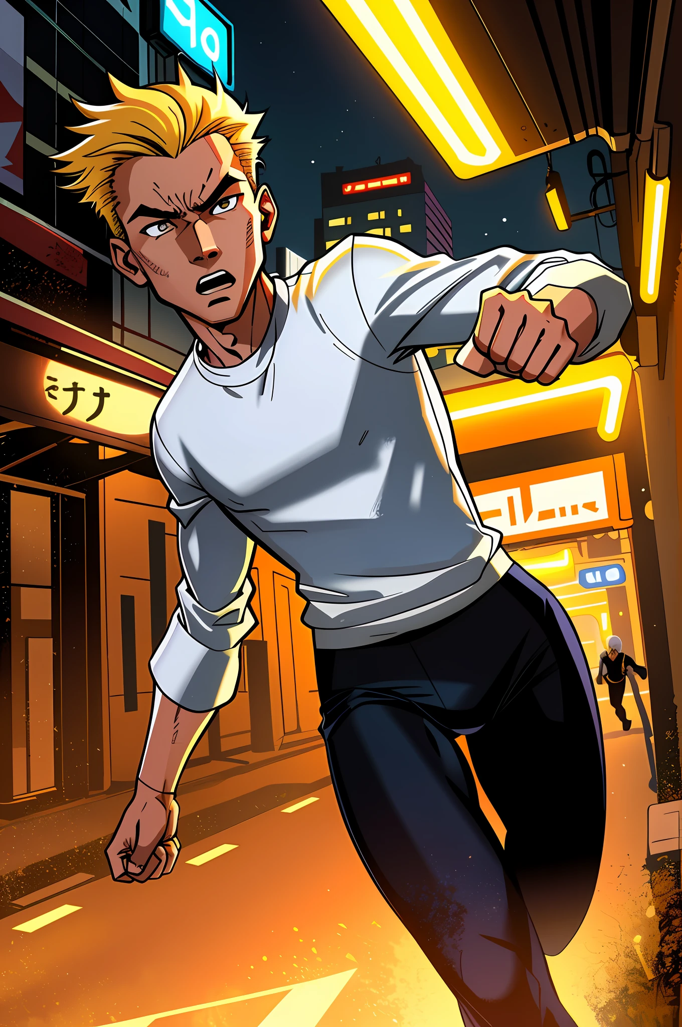 Approximate image of 2 subjects, 1 boy with blonde hair, thin, under 18 years old, wearing white long-sleeved dress shirt, (running towards the camera), (he looks scared), scared, running for his life, fleeing, in a dirty alley of the city, futuristic city in (night: 1.4), blue and yellow neon signs, chase scene, action scene, thick outlines, comic book style, dynamic camera angle, realistic skin, realistic hands, perfect hands, action lines, motion blur background