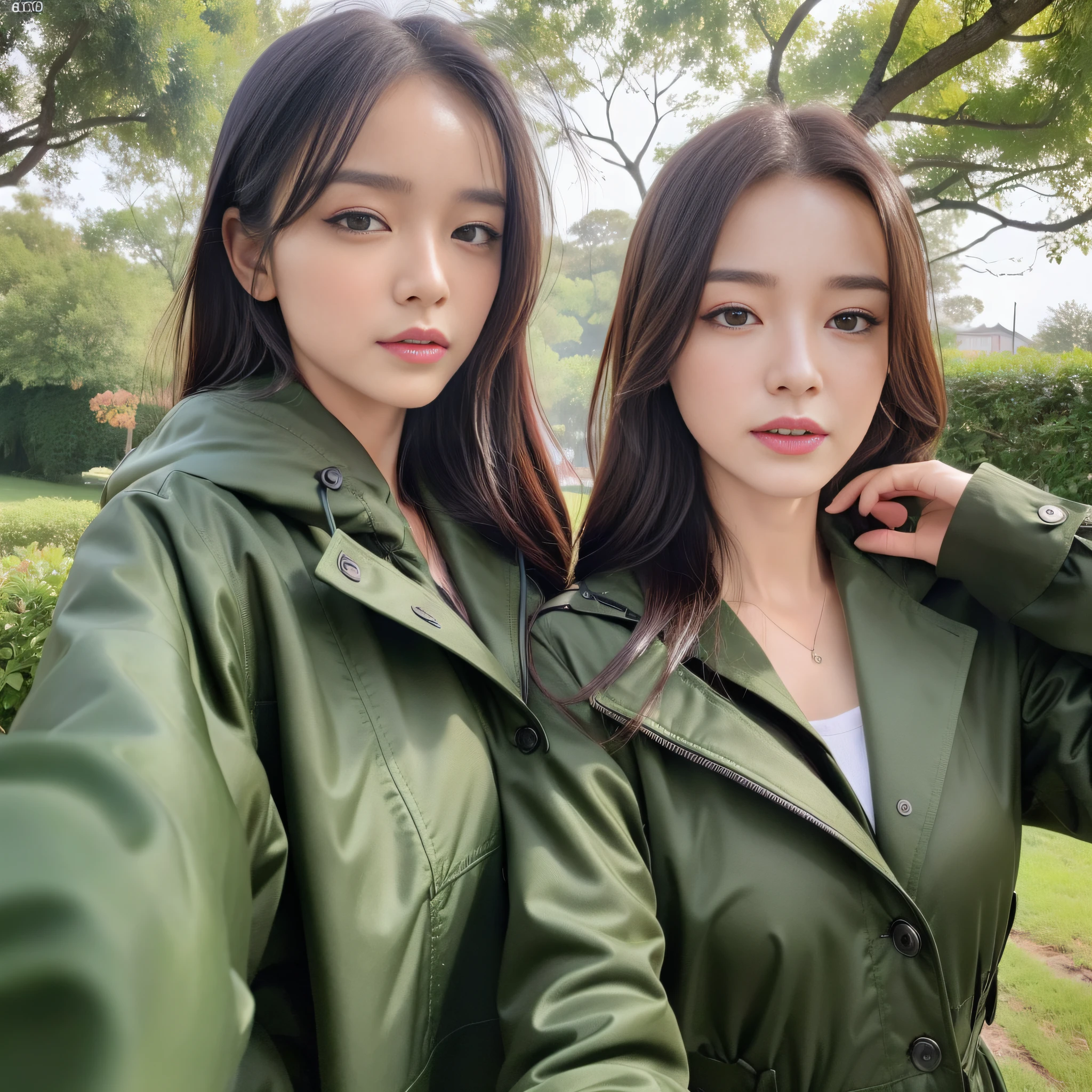 ((top quality, 8k, masterpiece: 1.3)), 1 woman, beautiful girl with feminine abs: 1.3, (big: 1.2), wet coat: 1.1, ultra-detailed face, highly detailed lips, detailed eyes, double eyelids, rain, big tree, nature, beautiful body, cloudy,