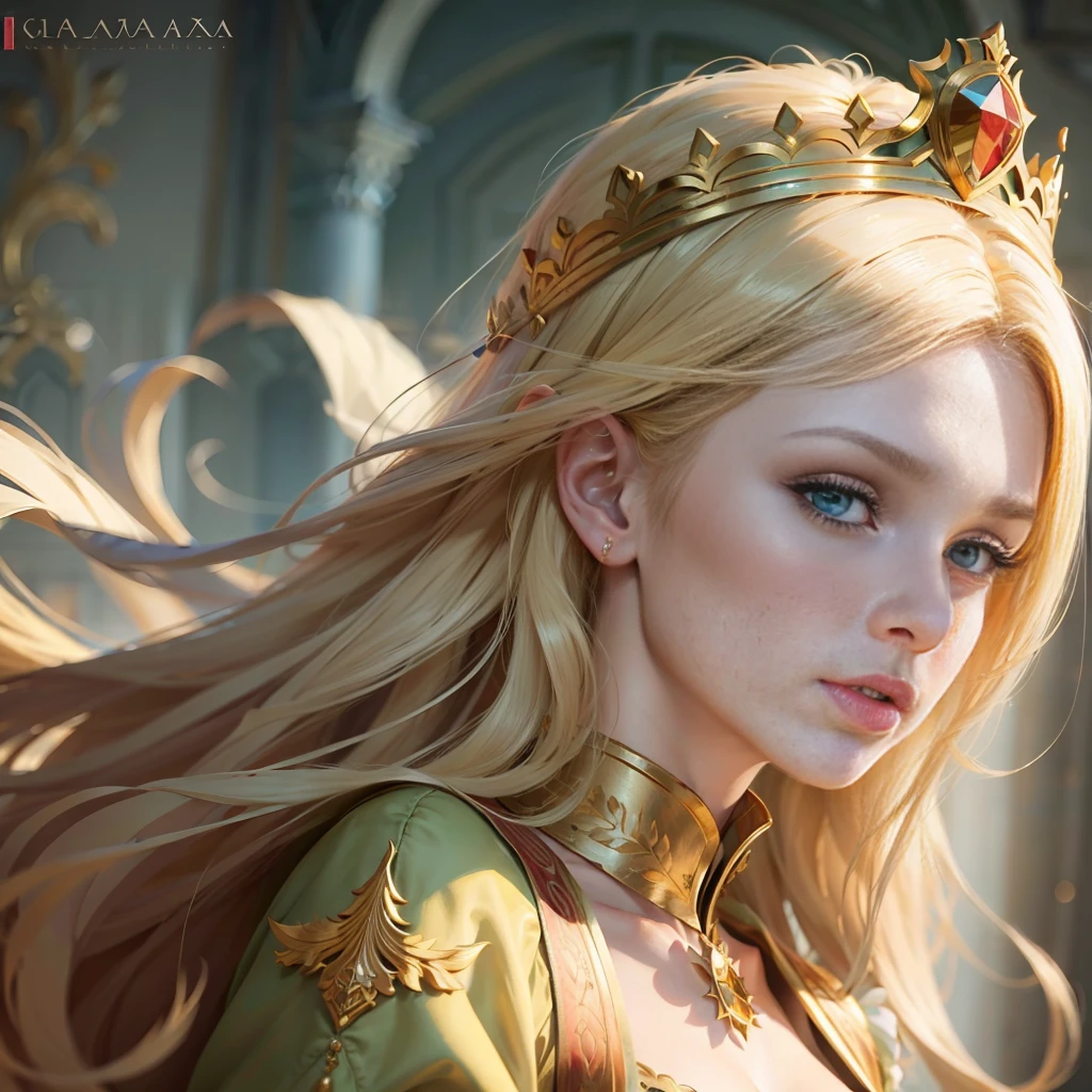 1 girl, (25 years old), blond hair, green eyes, (perfect European noble face: 1.1), (maximum picture quality: 1.1), (perfect figure: 1.1), royal clothes, royal regalia, golden crown, inside the palace.