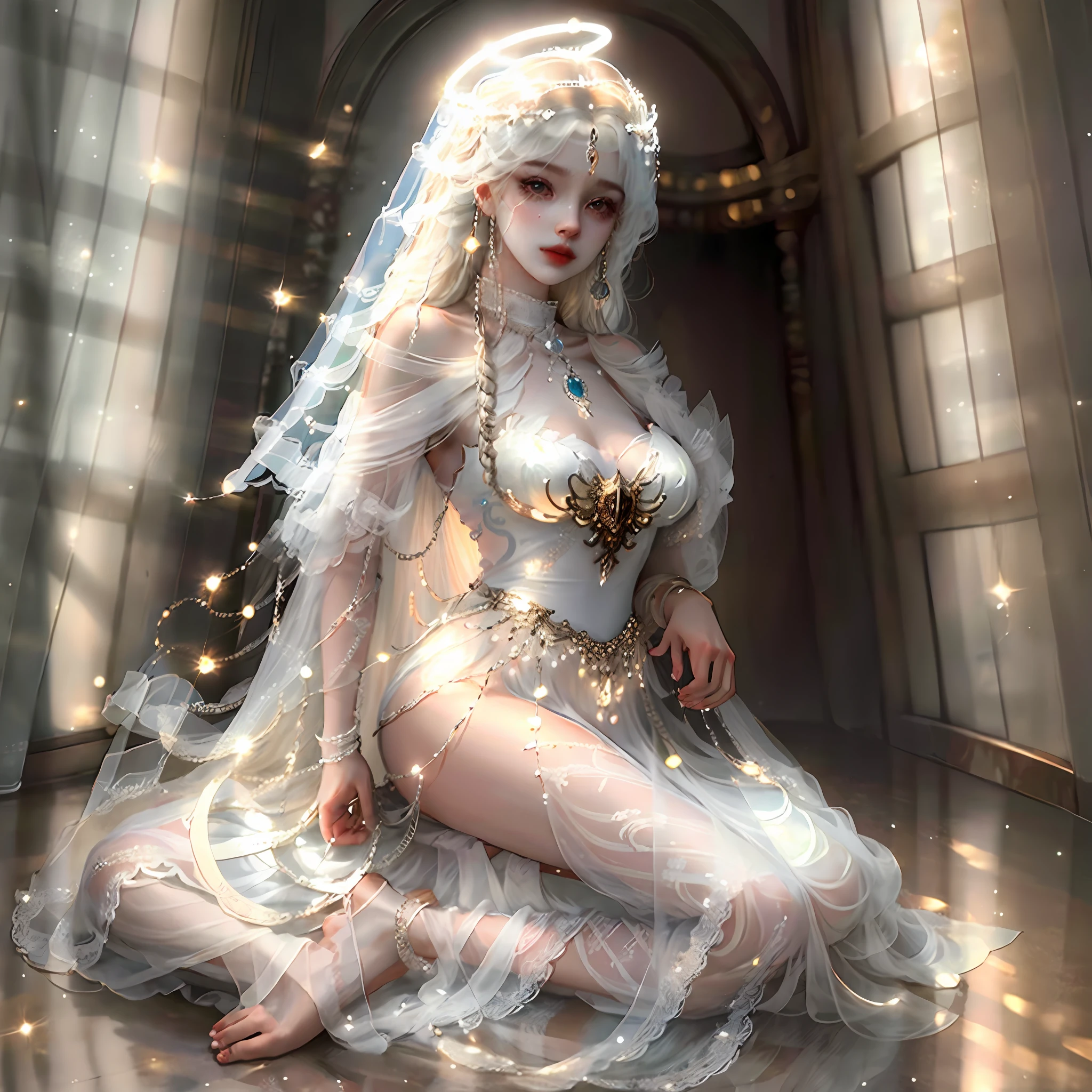 1920*1080 size female Half kneeling, translucent wedding dress 19 years old young goddess The halo of an angel --auto --s2