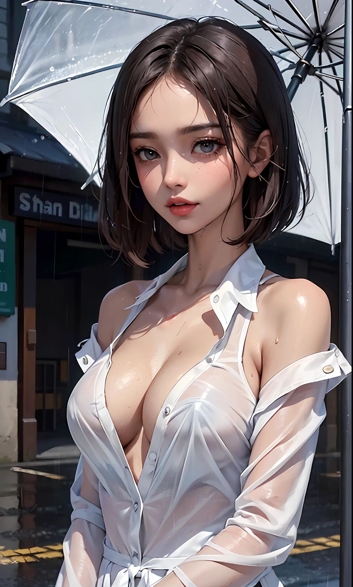 ((Best quality, 8k, Masterpiece: 1.3)), Sharp focus: 1.2, A beautiful woman with perfect body: 1.4, Slim abdomen: 1.2, ((Layered haircut, Large breasts: 1.2)), (no bra) (Small and beautiful hard nipple) (Thin and damp button up to shirt length: 1.1), (White shirt wet by rain), (Rain, Street: 1.2), Wet body: 1.1, Highly detailed face and skin texture,  Detailed eyes, Double eyelid, tanned skin, sexy, tan, dark skin, tanned body, exposed shoulders, cleavage