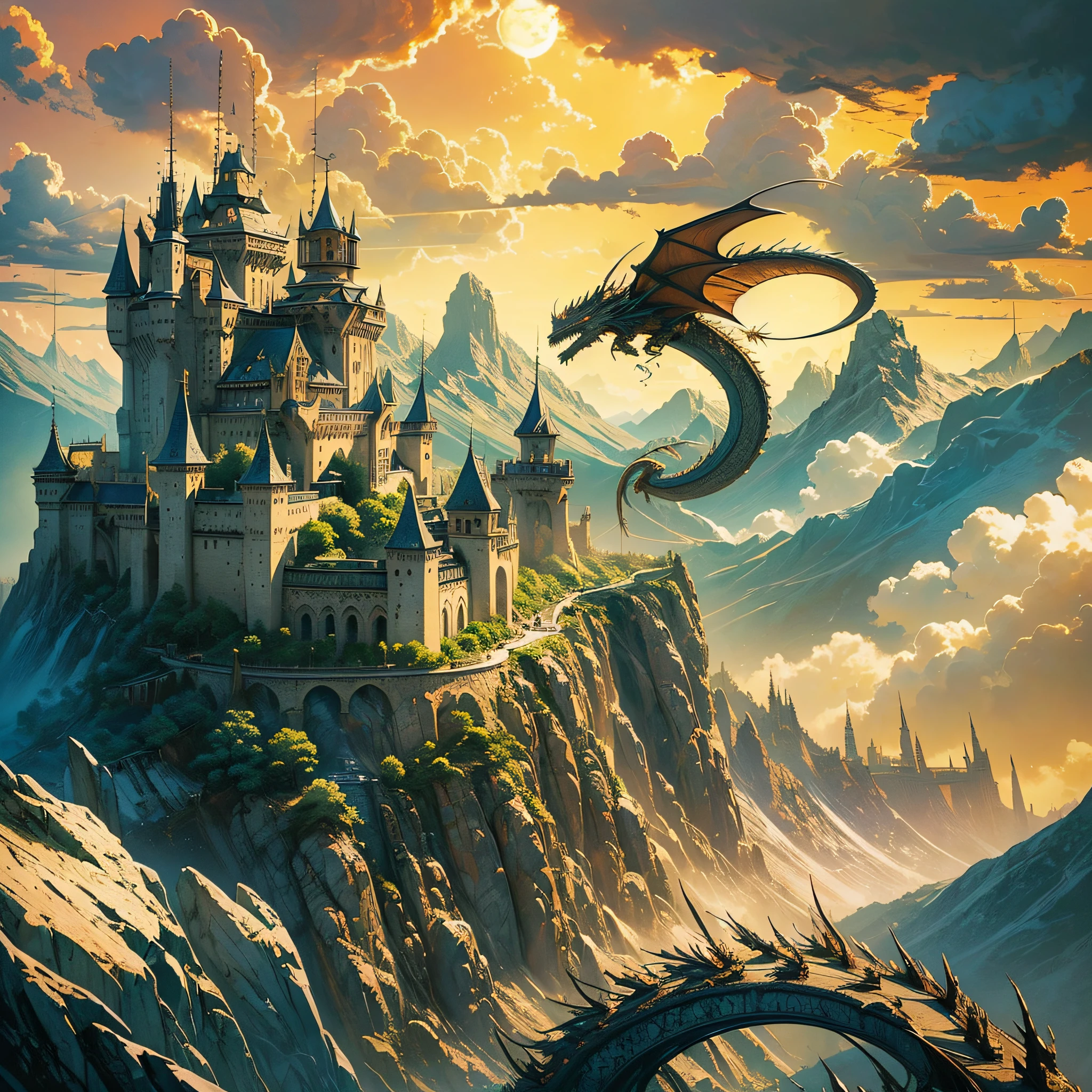 ((masterpiece)), (best quality), (detailed), Ultra-clear detail, photo level, realistic, 4k/8k. A breathtaking fantasy landscape bathed in the golden hues of the setting sun. Towering mountains covered in lush greenery create a majestic backdrop, while cascading waterfalls add a touch of serenity. In the distance, a mysterious castle stands atop a hill, with its towers reaching towards the sky. Flying gracefully above it all is a magnificent dragon, its scales glimmering in the warm light. Digital painting, concept art, high fantasy, epic atmosphere, adventure. --auto --s2