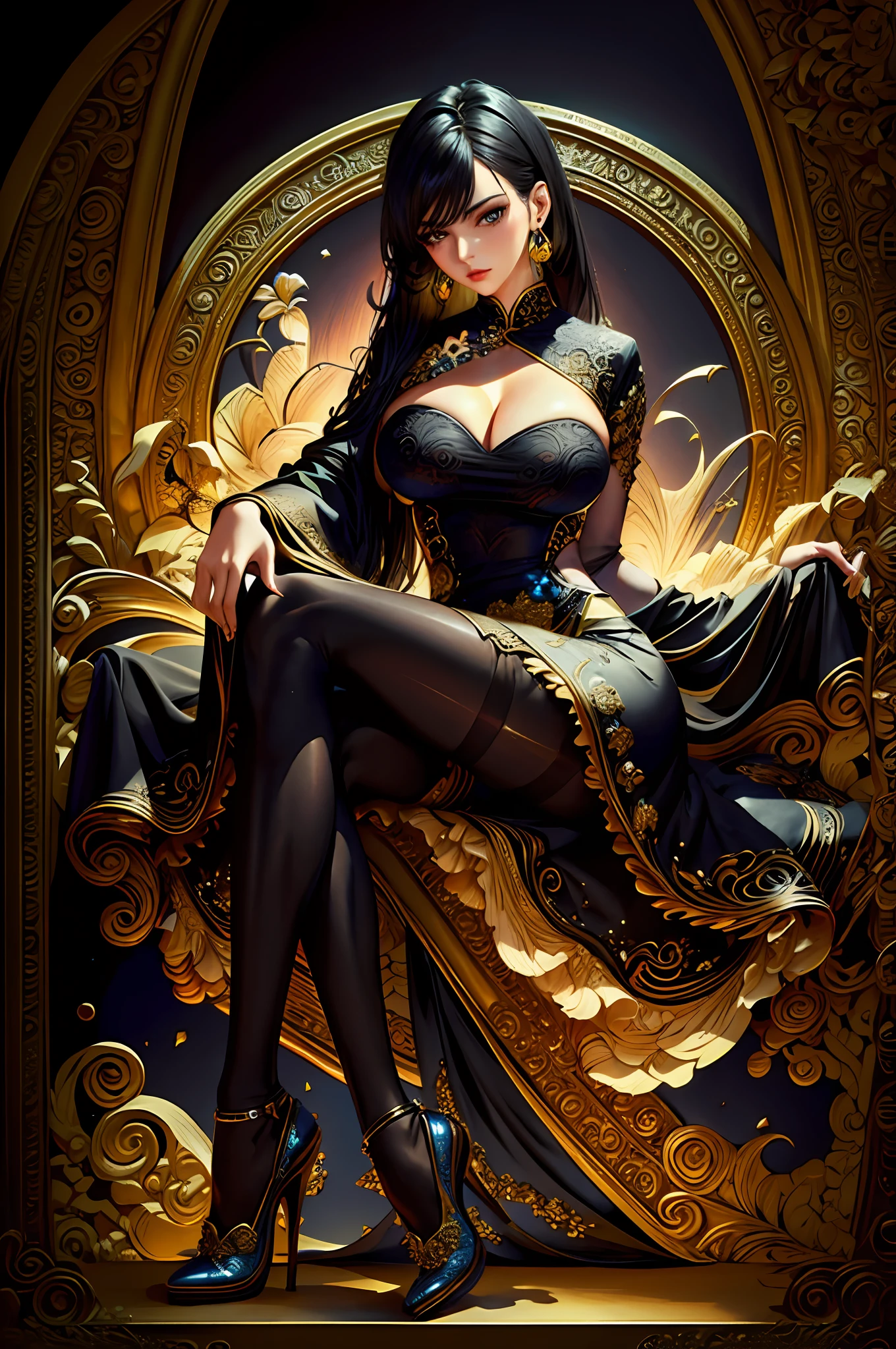 (Masterpiece, Top Quality, Best Quality, Official Art, Beauty and Aesthetics: 1.2), (1girl: 1.3), Very Detailed, (Fractal Art: 1.1), (Color: 1.1) (Flowers: 1.3), Most Detailed, (Zentangle: 1.2), (Dynamic Pose), (Abstract background: 1.3), (Chinese Dress: 1.2), (Shiny Skin), ( many colors:1.4), ,(earrings:1.4), 16k, award-winning photos, extremely detailed, amazing, fine details, ridiculous, 20 years old, sexy theme, high detail, extremely detailed eyes and face, glare eyes, (((black pantyhose)))), (((short skirt))), (((suit))), good hips and long legs, beautiful face, perfect face shape, perfect body, oversize model, mature woman, (((high and long legs))), (((very large breasts))), perfect for wearing tight, simple clothes, high heels, photography 4 Kodak Portra 400 camera F1. 6 colorful lenses, ultra-realistic textures, dramatic lighting IrrealEngine ArtStation Cinestill 800 Tungsten Lamp on the trend, ((((full))), there is a woman sitting in a chair in the room, Masterpiece: 1.2, best quality, Ultra high resolution, realism, ultra-realistic detail, clear focus, (real pictures, fine production, depth of field), solo, beautiful girl, masterpiece: 1.2,