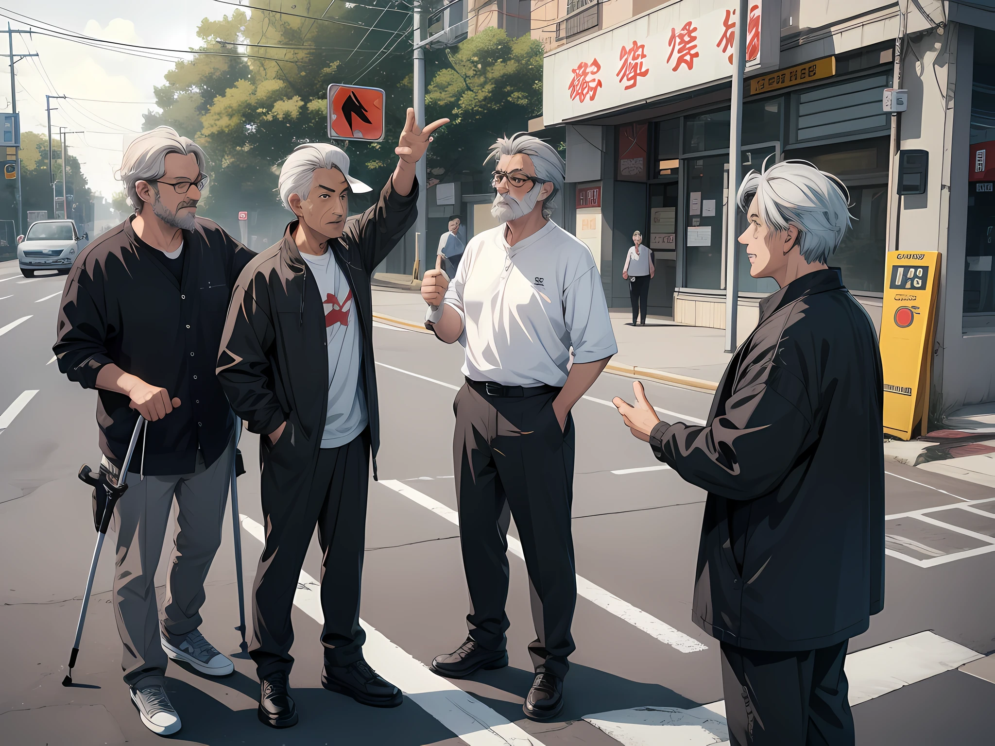 On the side of the road, a middle-aged uncle with a broken leg and a disabled gray-haired man on crutches is waiting for signal lights, manga, anime style