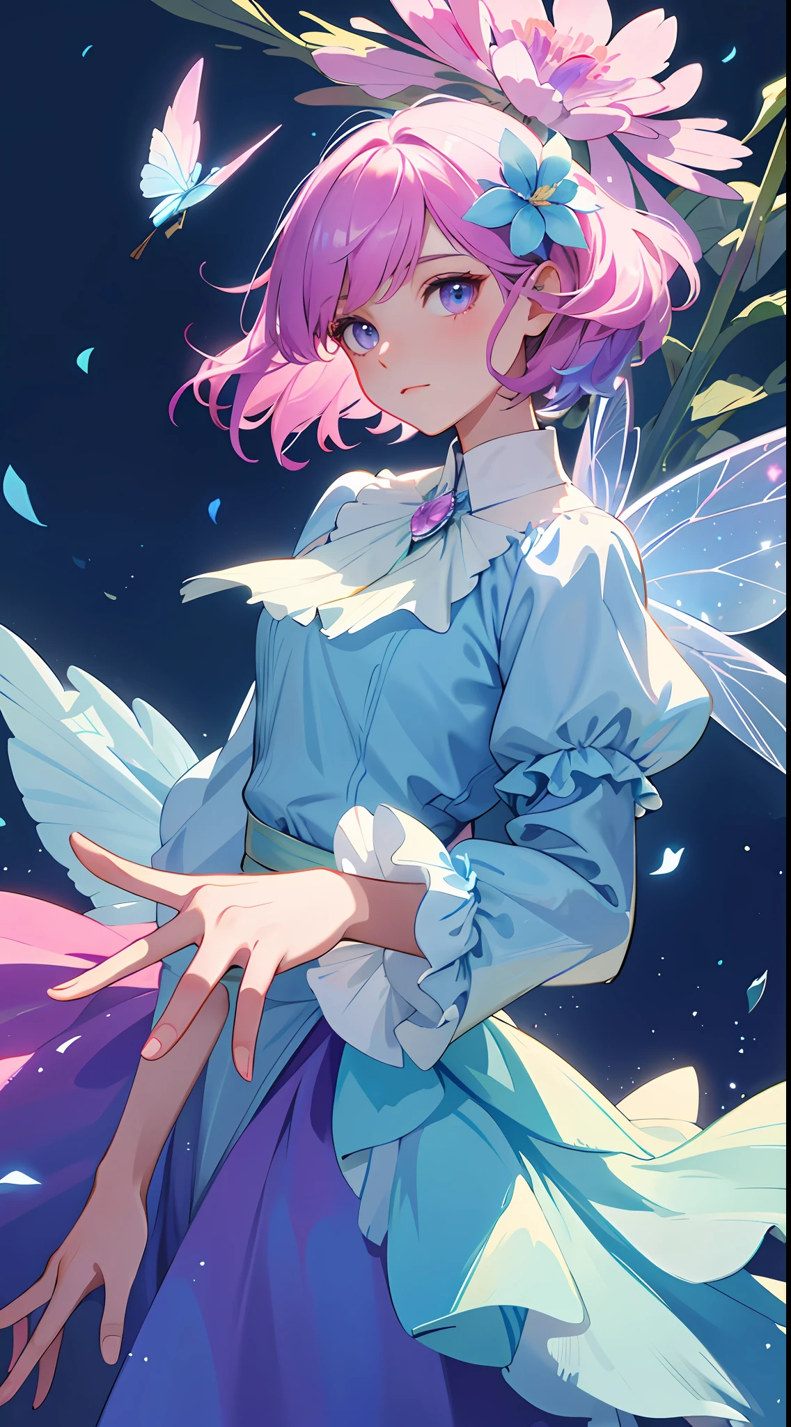 (Best Quality, Masterpiece), 1girl, Pose, Particle, Wind, Flower, Upper Body, Blue-Pink Color Scheme, Simple Background, Looking at the Viewer, Flower Fairy, Wings, Forest,