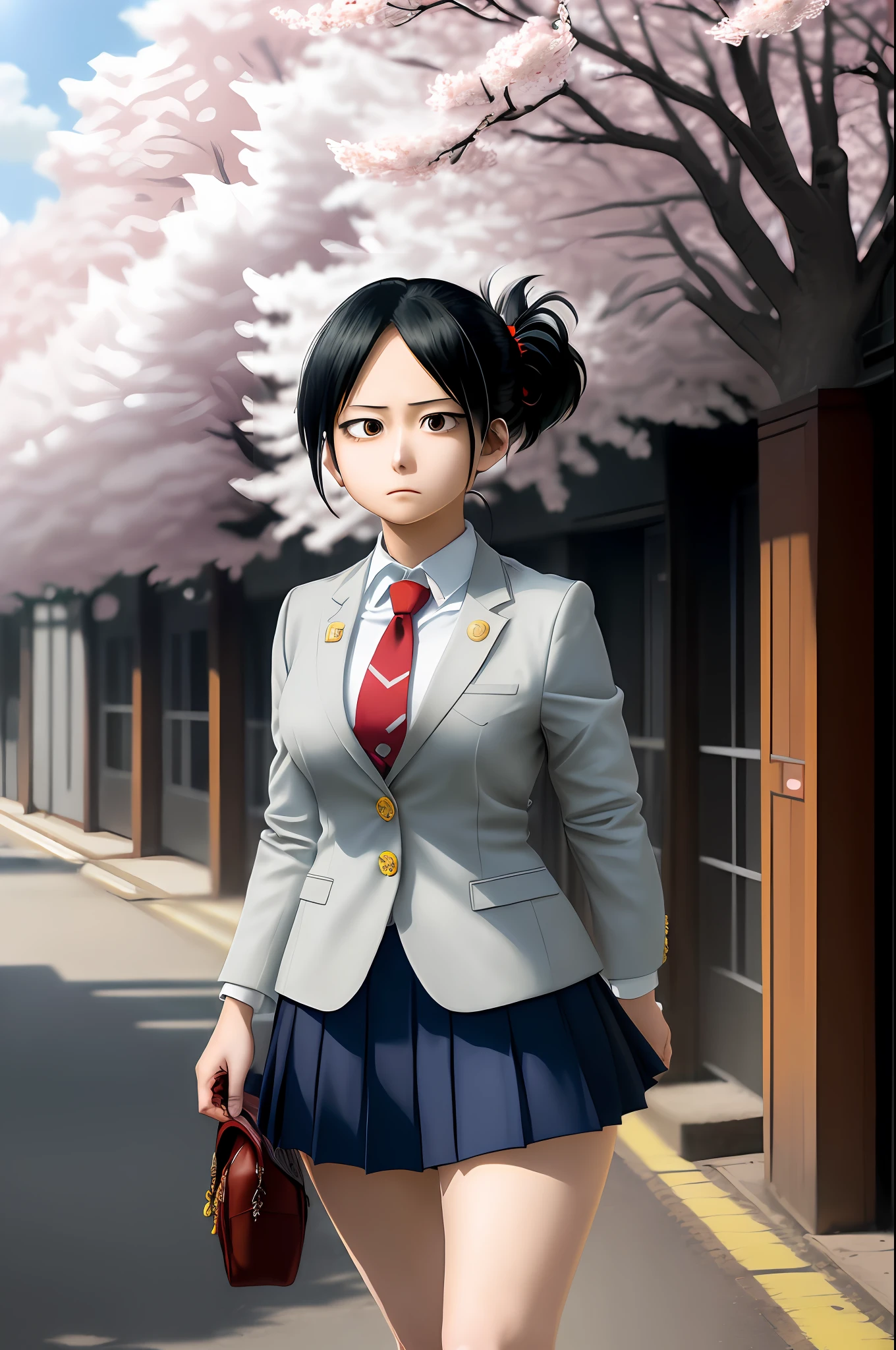 [momo yaoyorozu; Boku no hero academia], ((solo portrait)), ((High definition)), ((anime)), ((Kohei Horikoshi)), ((raytracing)), ((detailed shading)), ((intricate details)), {momo; (slanted eyes, (black hair; side bang, spikey ponytail, long eyelashes, large boobs, beautiful legs), (school uniform; grey blazer, white shirt, red tie, yellow buttons, short blue skirt), (calm expression)}, (walking on side walk, looking at viewer), [Background; (outside daytime; school, sunny, cherry blossom trees, sun rays through trees)]