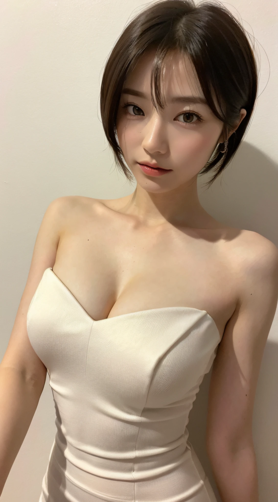 ((top quality, 8k, masterpiece: 1.3)), Sharp Focus: 1.2, Beautiful woman with perfect body: 1.4, Slim abdomen: 1.2, ((Layered haircut, big: 1.2)), (No bra) (Elegant dress with short sleeves: 1.1), (White background: 1.2), highly detailed face and skin texture, Detailed eyes, double eyelids, white skin, sexy, exposed shoulders, cleavage, Japan hostess woman