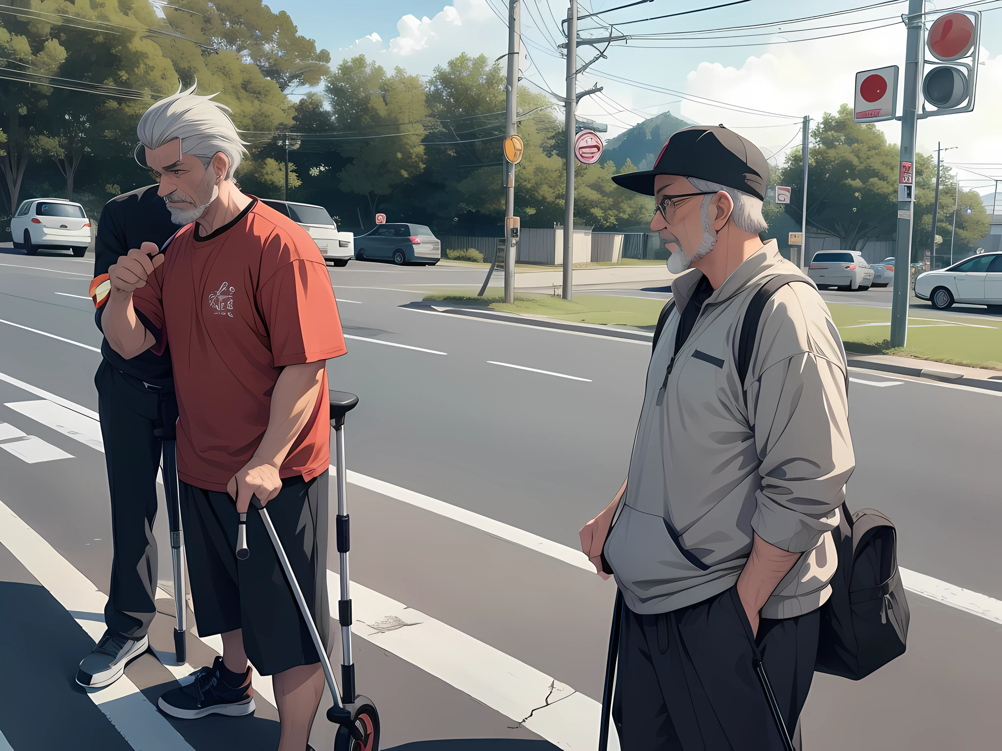On the side of the road, a middle-aged uncle with a broken leg and a disabled gray-haired man on crutches is waiting for signal lights, manga, anime style