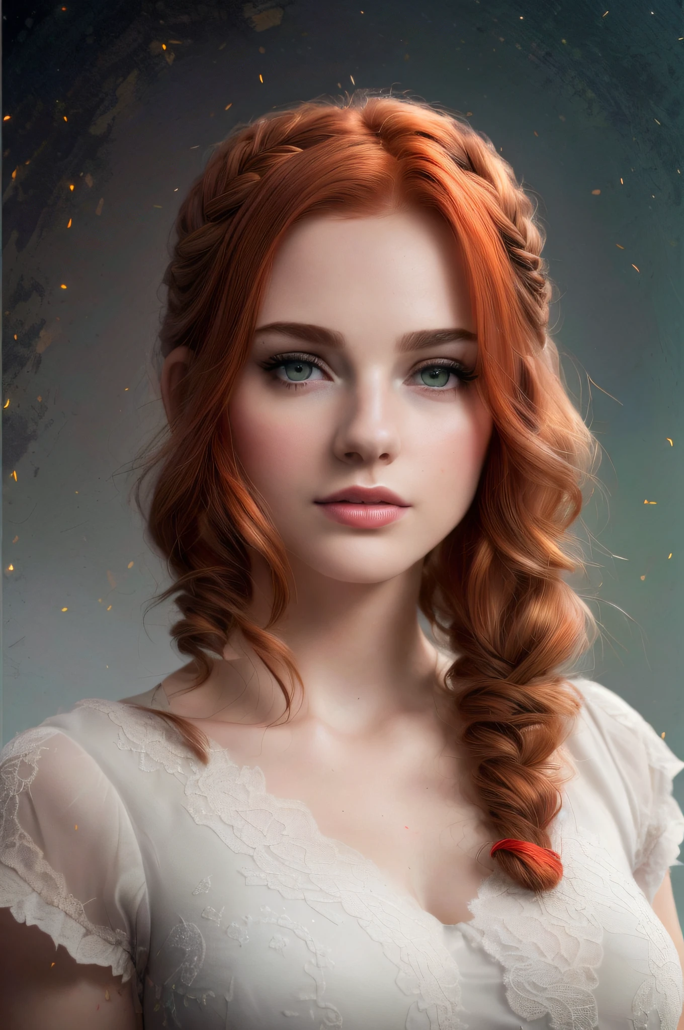 masterpiece, best quality, highest quality, cinematic lighting, (volumetric lighting), extremely detailed CG unity 8k wallpaper, focused, 8k wallpaper, 4k wallpaper, extremely detailed, ultra realistic, photorealistic, sharp focus, absurdres, (HDR:1.2), (high contrast), photograph, detailed and intricate, instagram, portrait, highly detailed, digital painting, artstation, concept art, smooth, sharp focus, illustration, cinematic lighting, Style-Princess, short hair, braided hair, pony tail hair, redhair, ginger, red, body tilt, head tilt, side profile, 3/4 face
