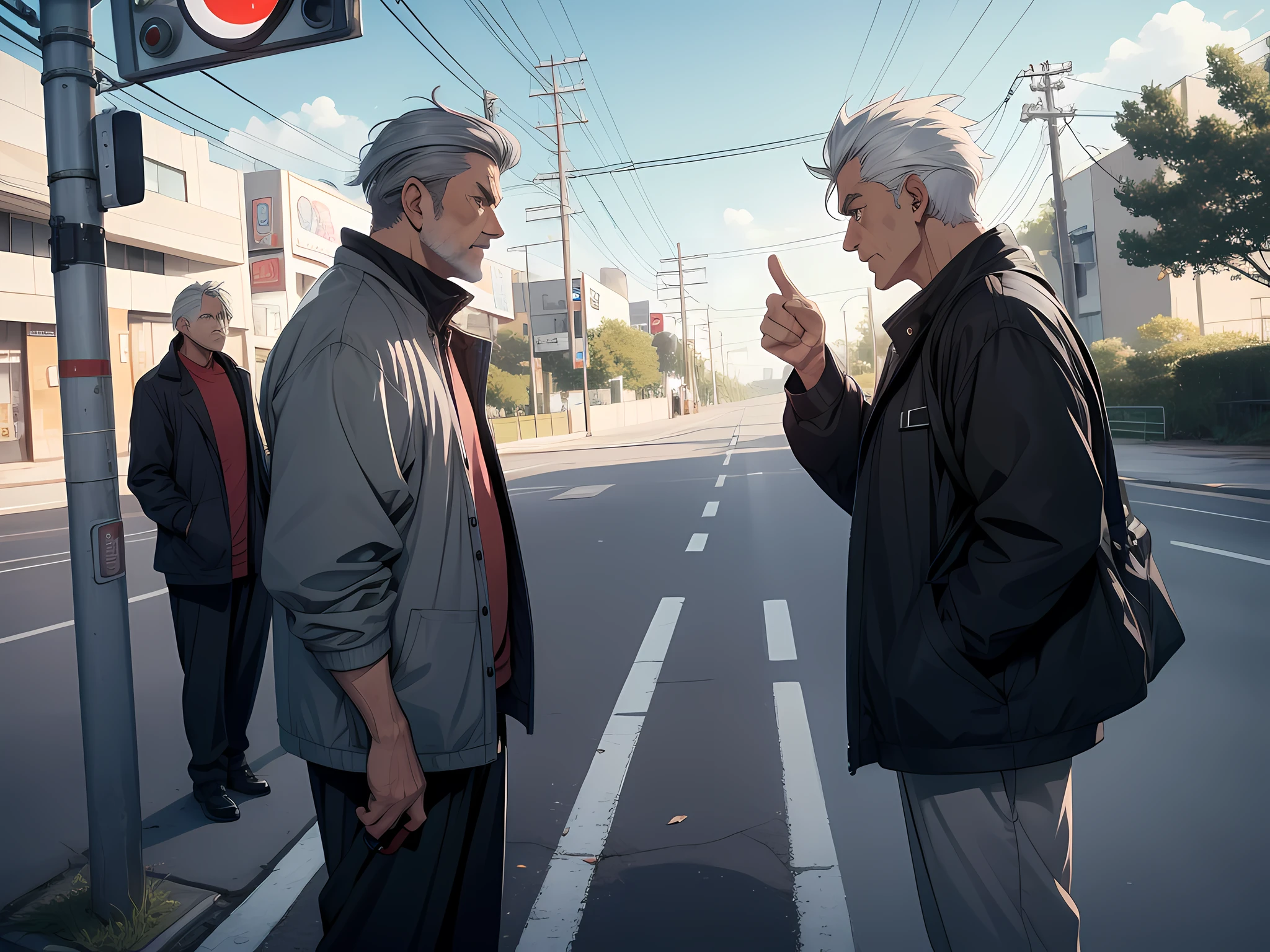 On the side of the road, a middle-aged uncle with a broken leg and a disabled gray-haired man on crutches is waiting for signal lights, manga, anime style