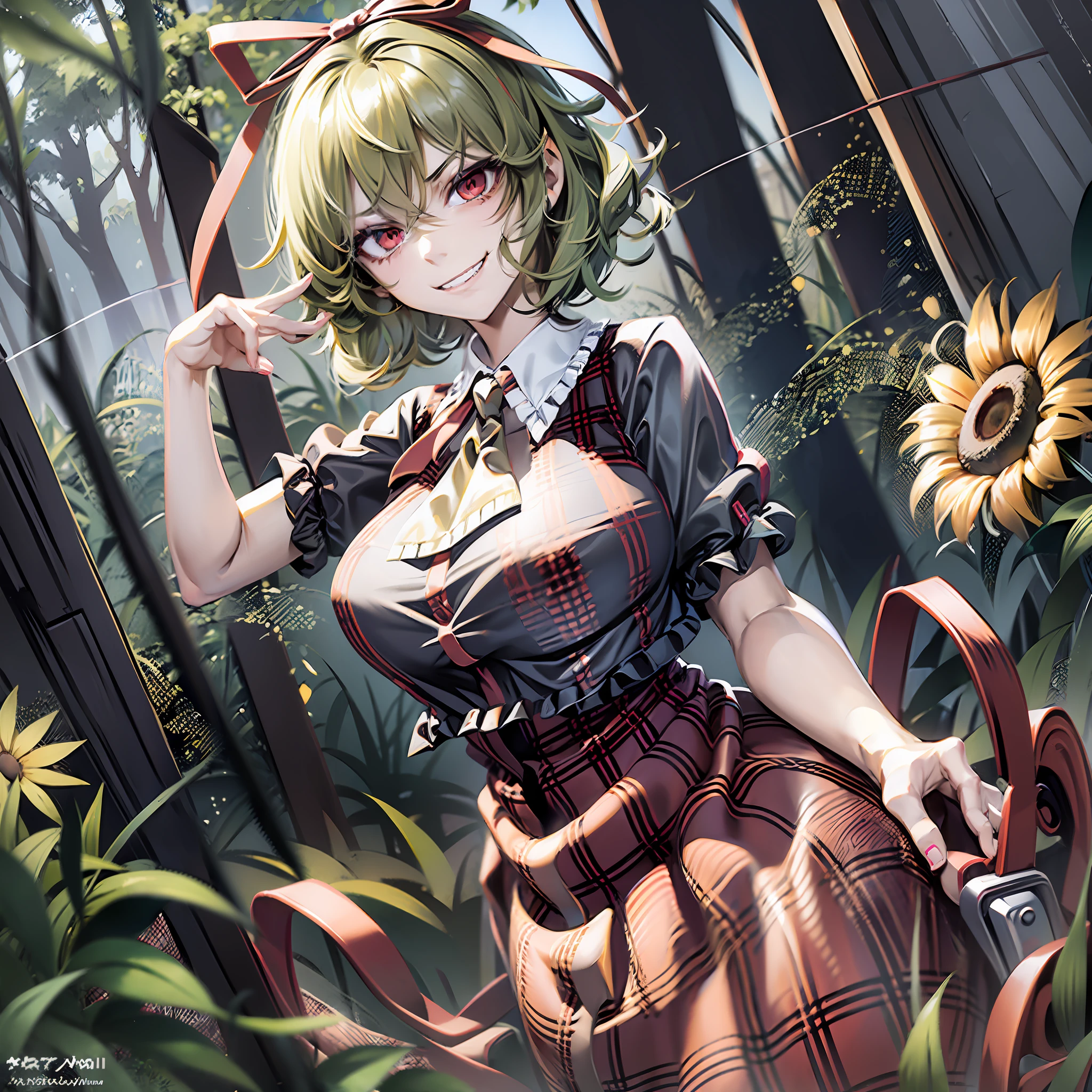 2girls, (Medicine Melancholy, blonde hair, short hair, wavy hair, silver-blue eyes, thick eyelashes, red ribbon, red bow, black shirt, red skirt, evil grin), (Kazami Yuuka, red eyes, green hair, short hair, smirk, evil grin, plaid vest, plaid skirt) sunflower field, huge breasts, huge ass, thick thighs, wide hips, looking at the viewer,