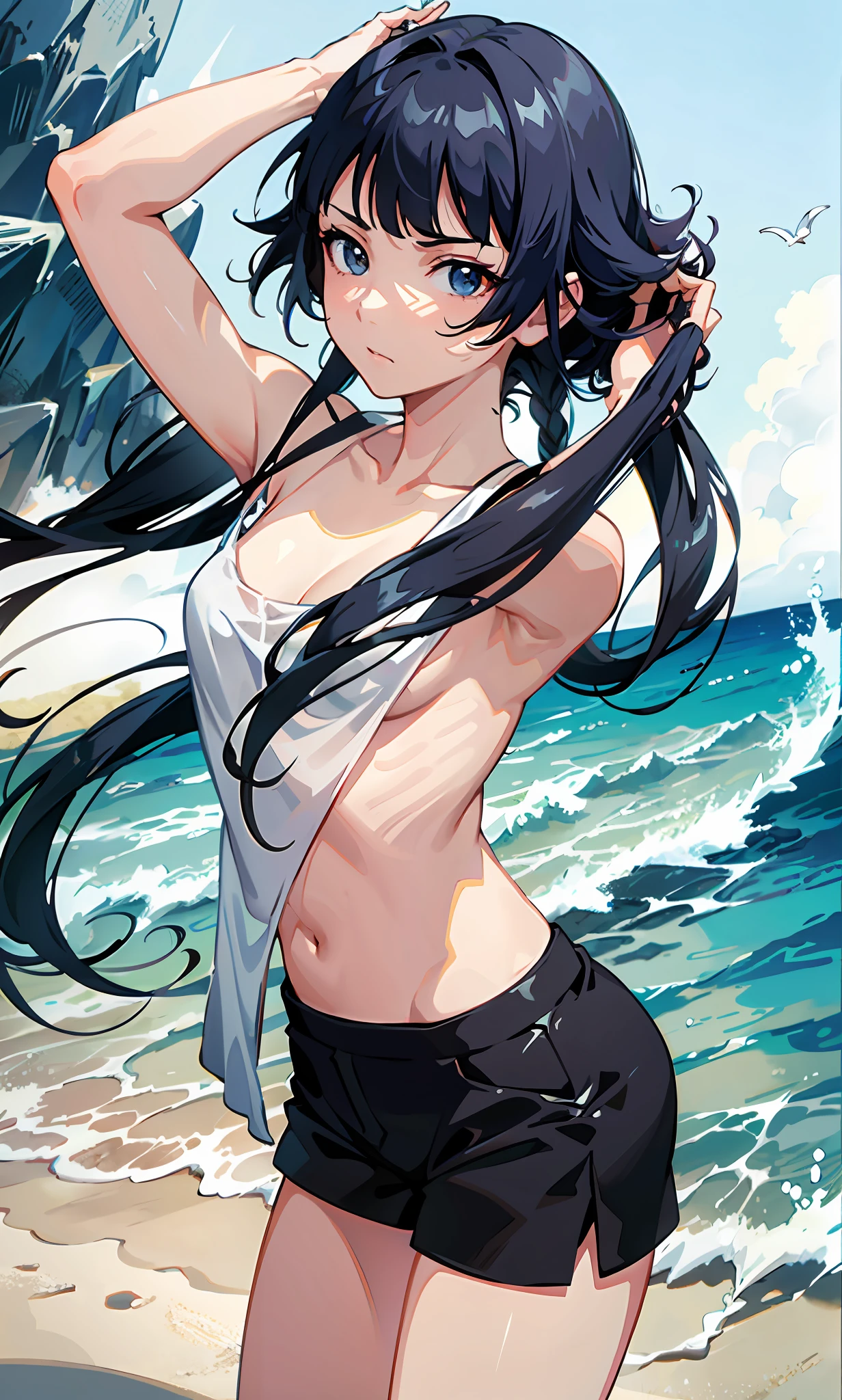 bare shoulders, bare arms, ((topless)), shorts, behind the sea, (small breasts), 1girl, closed mouth, (bare back), (expressionless), long hair, twintails, (shadow), lighting, black hair, armpits, wave, beach, (standing), (detailed), cinematic lighting, (textured skin), ((8k)), ((very clear)), ((masterpiece)), [slim], shore, vacation, drop shadow, focused, shading, tracing, smooth, pale skin, sharp, (pixiv), ((detailed surroundings))