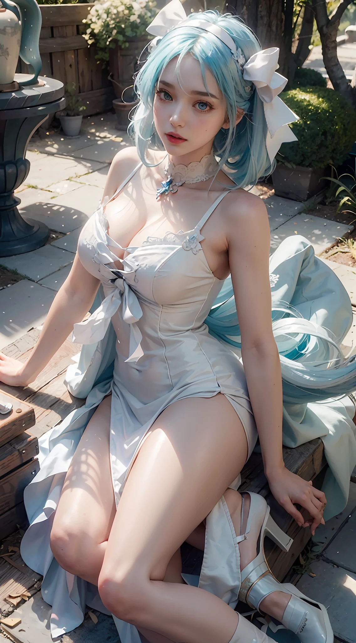 ((Best Quality)), ((Masterpiece)), (Details: 1.4), 3D, A Beautiful Beauty, (Long Light Blue Hair, Ribbon: 1.9), (Plain White Long Dress: 1.7), (Crystal High Heels: 1.6) (Green Eyes: 1.5), HDR (High Dynamic Range), Ray Tracing, NVIDIA RTX, Super-Resolution, Unreal 5, Subsurface Scattering, PBR Textures, Post-processing, Anisotropic filtering, depth of field, maximum sharpness and sharpness, multi-layer textures, albedo and specular mapping, surface shading, accurate simulation of light-material interactions, perfect proportions, Octane Render, bicolor light, large aperture, low ISO, white balance, rule of thirds, 8K RAW,