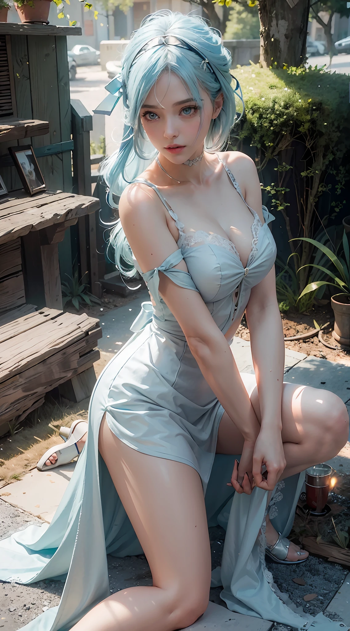 ((Best Quality)), ((Masterpiece)), (Details: 1.4), 3D, A Beautiful Beauty, (Long Light Blue Hair, Ribbon: 1.9), (Plain White Long Dress: 1.7), (Crystal High Heels: 1.6) (Green Eyes: 1.5), HDR (High Dynamic Range), Ray Tracing, NVIDIA RTX, Super-Resolution, Unreal 5, Subsurface Scattering, PBR Textures, Post-processing, Anisotropic filtering, depth of field, maximum sharpness and sharpness, multi-layer textures, albedo and specular mapping, surface shading, accurate simulation of light-material interactions, perfect proportions, Octane Render, bicolor light, large aperture, low ISO, white balance, rule of thirds, 8K RAW,
