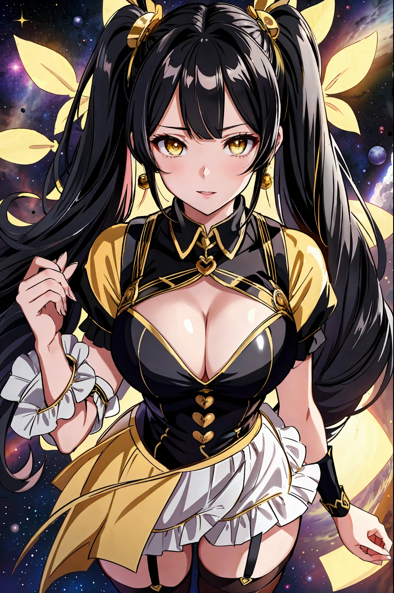 Sexy, from above, facing viewer, face close up, cleavage, yellow eyes, black hair, twintail, busty, space background, full body, 8k, absurd quality, beautiful face, hands out of frame,absurd res, high res, (masterpiece:1.4), ultra-detailed, 1girl, from front, space, floating, stockings, black hair, heart shape eyes, yellow eyes, garter belt, yandere, twintail