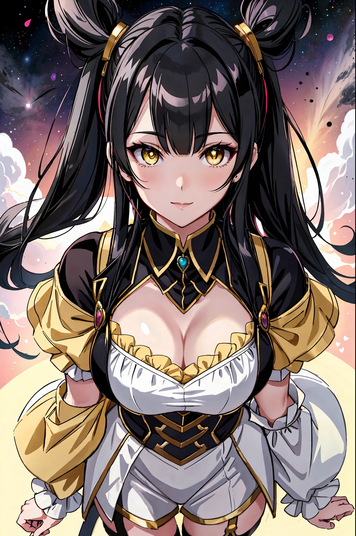 Sexy, from above, facing viewer, face close up, cleavage, yellow eyes, black hair, twintail, busty, space background, full body, 8k, absurd quality, beautiful face, hands out of frame,absurd res, high res, (masterpiece:1.4), ultra-detailed, 1girl, from front, space, floating, stockings, black hair, heart shape eyes, yellow eyes, garter belt, yandere, twintail