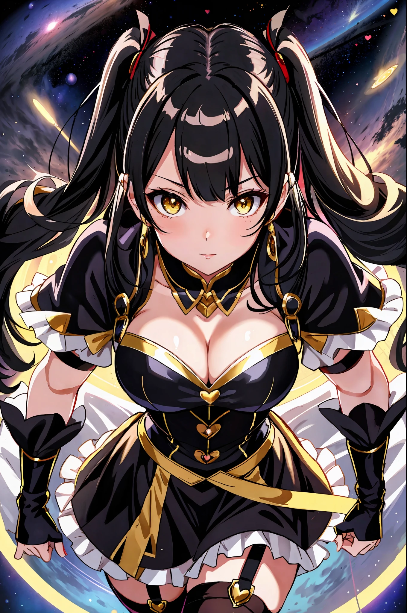 Sexy, from above, facing viewer, face close up, cleavage, yellow eyes, black hair, twintail, busty, space background, full body, 8k, absurd quality, beautiful face, hands out of frame,absurd res, high res, (masterpiece:1.4), ultra-detailed, 1girl, from front, space, floating, stockings, black hair, heart shape eyes, yellow eyes, garter belt, yandere, twintail