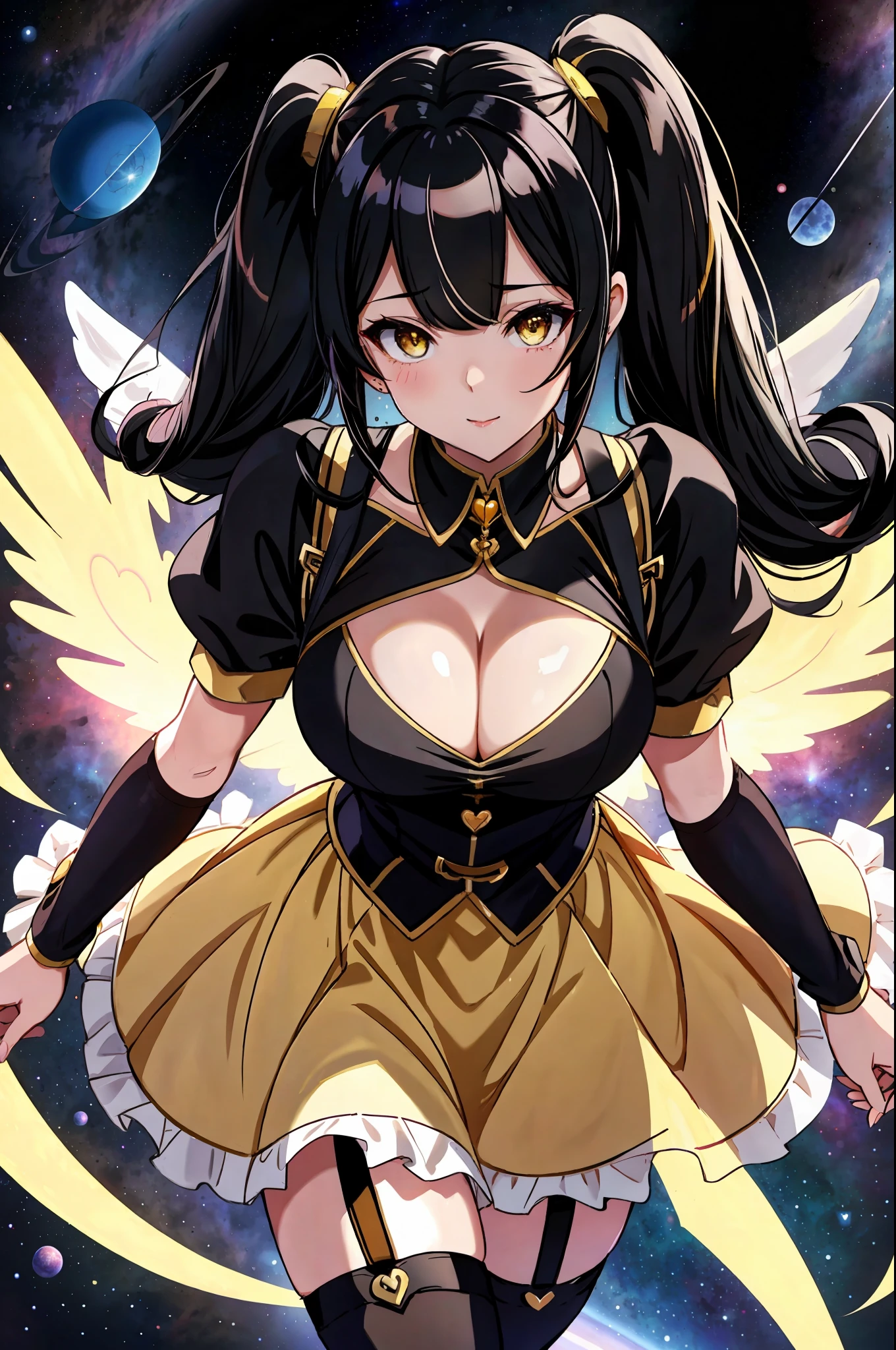 Sexy, from above, facing viewer, face close up, cleavage, yellow eyes, black hair, twintail, busty, space background, full body, 8k, absurd quality, beautiful face, hands out of frame,absurd res, high res, (masterpiece:1.4), ultra-detailed, 1girl, from front, space, floating, stockings, black hair, heart shape eyes, yellow eyes, garter belt, yandere, twintail
