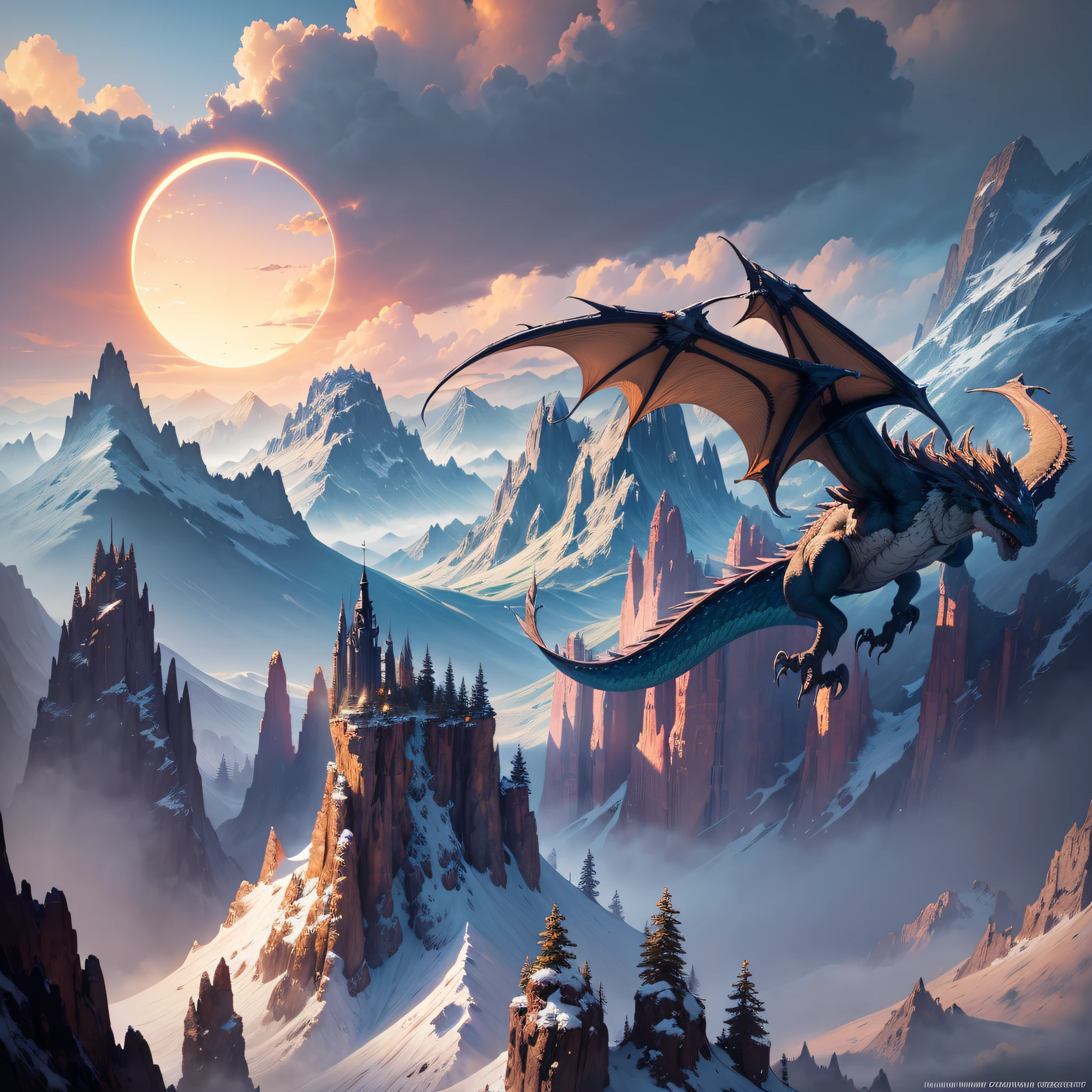 ((masterpiece)), (best quality), (detailed), A majestic and fantastical landscape illuminated by the golden hour. Towering mountains with jagged peaks dominate the scene, creating a sense of grandeur. Waterfalls cascade down their slopes, their crystal-clear waters reflecting the warm hues of the setting sun. In the distance, a mysterious castle emerges from the mist, adding an air of intrigue. Soaring above this breathtaking vista is a majestic dragon, its wings spread wide as it glides through the sky. Digital painting, concept art, epic atmosphere, mythical creatures, adventure. --auto --s2