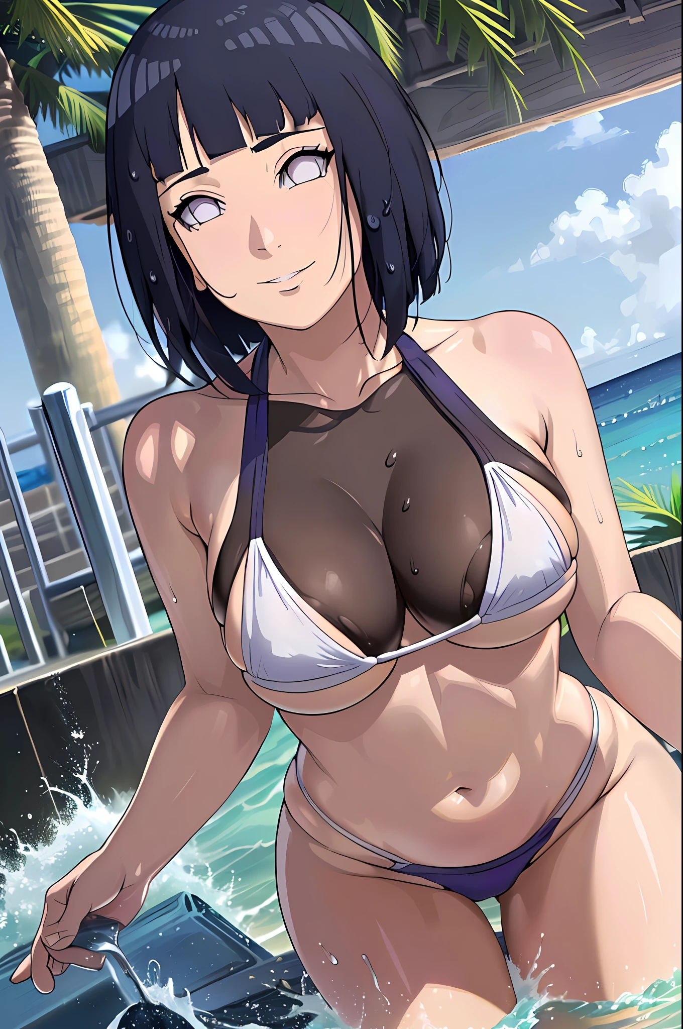 (masterpiece, anime style:1.9, beach, sea, soaked, soaked face, white micro bikini, working out, caring, talking), hinata\(boruto\), mature female, standing, victory, milf, (curvy:0.8), solo, short hair, hime cut, (dark blue hair color:1.1), white, big breasts, flat belly, perfect eyes, anime eyes, smoky eyeliner, eyeshadow, perfect face, shy, sharp focus, professional artwork, intricate details, colorful, vibrant colors, vivid colors, digital blending, ultra detailed body, ultra detail hair, ultra detail face, trending on pixiv, kind smile, happy, very hot colors, sunrays, leaning forward, naughty face, looking up