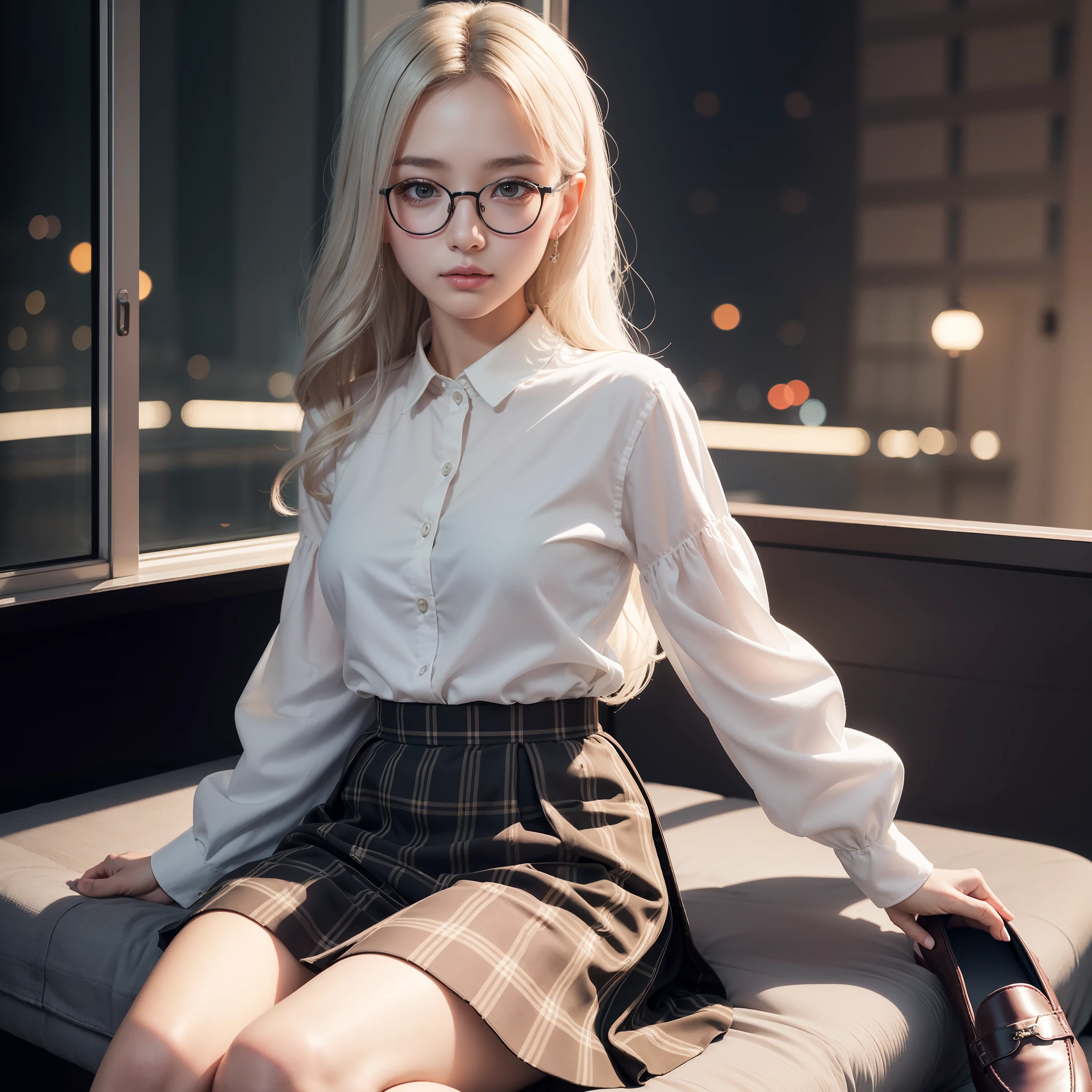 Top quality, masterpiece, very delicate and beautiful, highly detailed CG, unity, 8k wallpaper, amazing, fine detail, glasses, masterpiece, top quality, highly detailed CG Unity 8k wallpaper, absurdity, incredibly absurd, huge file size, super detailed, high resolution, very detailed and beautiful detailed girl, very detailed eyes and face, beautiful detailed eyes, (RAW photo, top quality), (real, photorealistic: 1.3), light on the whole body, face, Dudu, Light brown plaid pleated skirt, opaque clothes, oversight, black loafers, thigh height, black cotton socks, hair_ornament, white hair, wavy hair, light on the face, (small waist: 1.3), (small breasts: 0.3) sat on the window seat of the pale pink dudu, Looking at the city lights at night with a dreamy expression