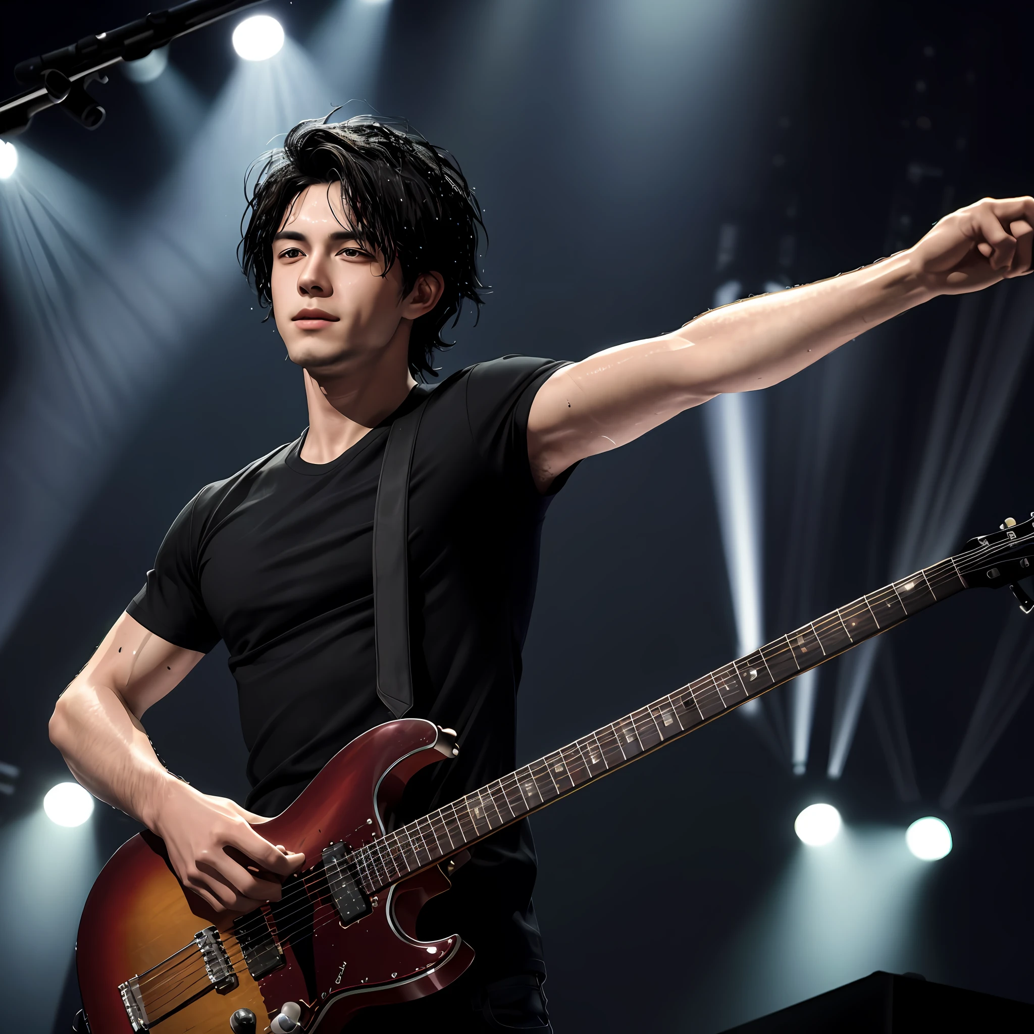 Top quality masterpiece illustration, a young man with an upper body is alone on stage in the spotlight, performing while emitting a rock star-like aura. He is wearing a black shirt and his hair is wet.