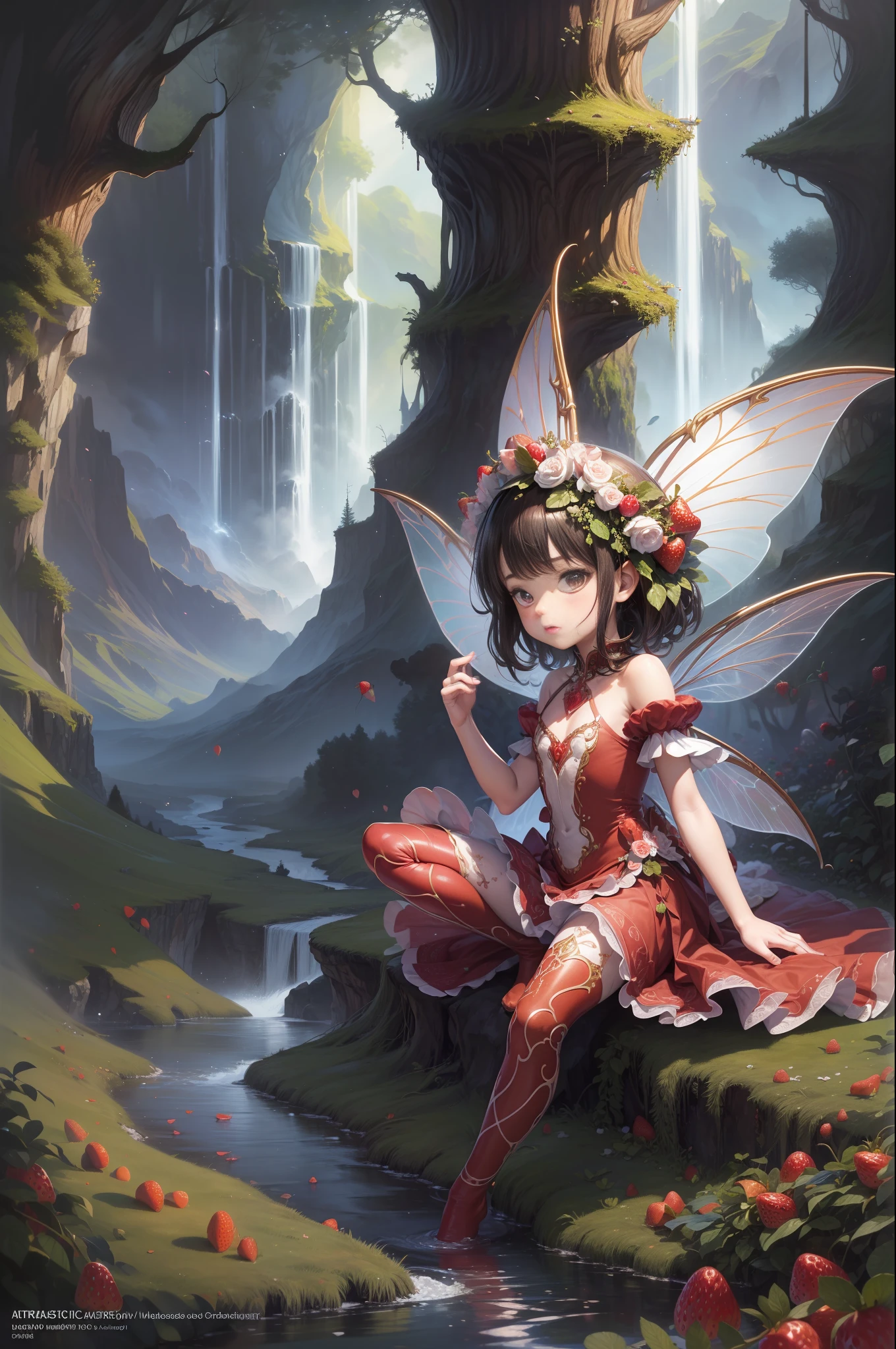 ( Absurd, High quality, ultra-detailed, masterpiece, concept art, smooth, highly detailed artwork, hyper-realistic painting ) , tiny , Strawberry girl, Strawberries, transparent fairy wings, cute, fairytale, Romantic, Vivid, whole body, waterfall, brightness