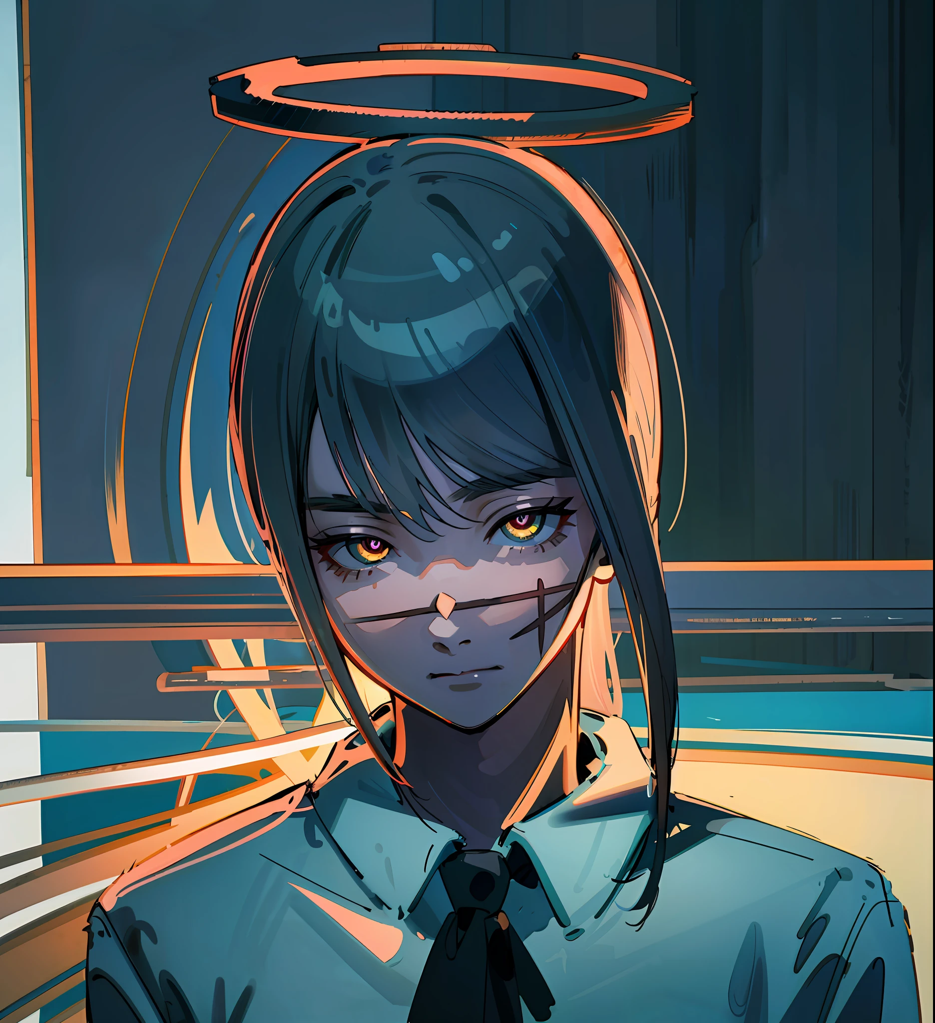 1girl, (solo:1.2), ((masterpiece)), (shadow), [slim], (very high quality:2), (small breasts), (detailed:1.7), (thick lines), cinematic lighting, (textured skin), ((sharp focus)), ((very clear)), drop shadow, focused, shading, tracing, smooth, pale skin, sharp, (pixiv), ((detailed surroundings)), yoru, black hair, long hair, scar on face, standing, spirals in eye pupils, closed mouth, upper body, ocean, halo