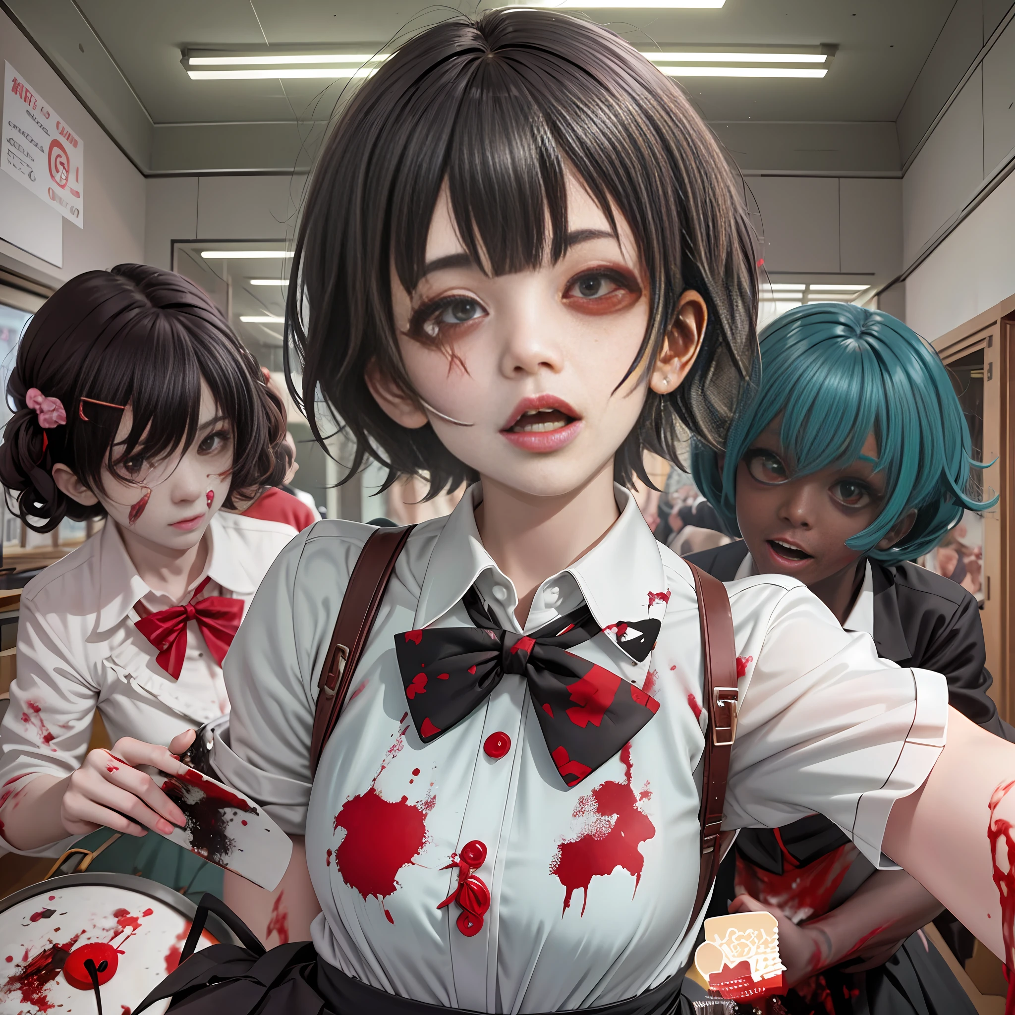 A group of anime girls turned zombies in the classroom with black hair, open mouth, fangs, blood stains