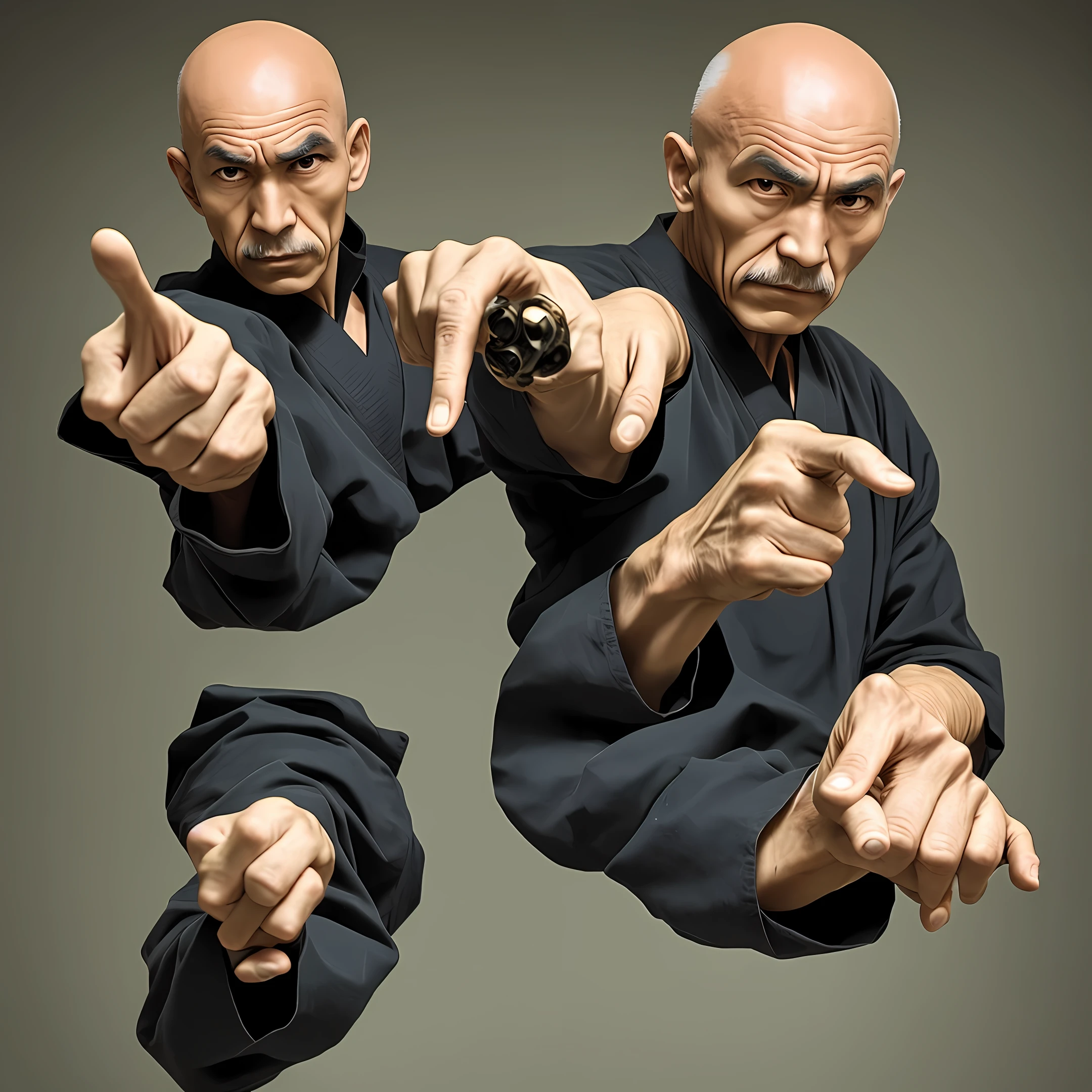Old martial arts master with extremely strong bald half hair making an energy pistol with his index finger