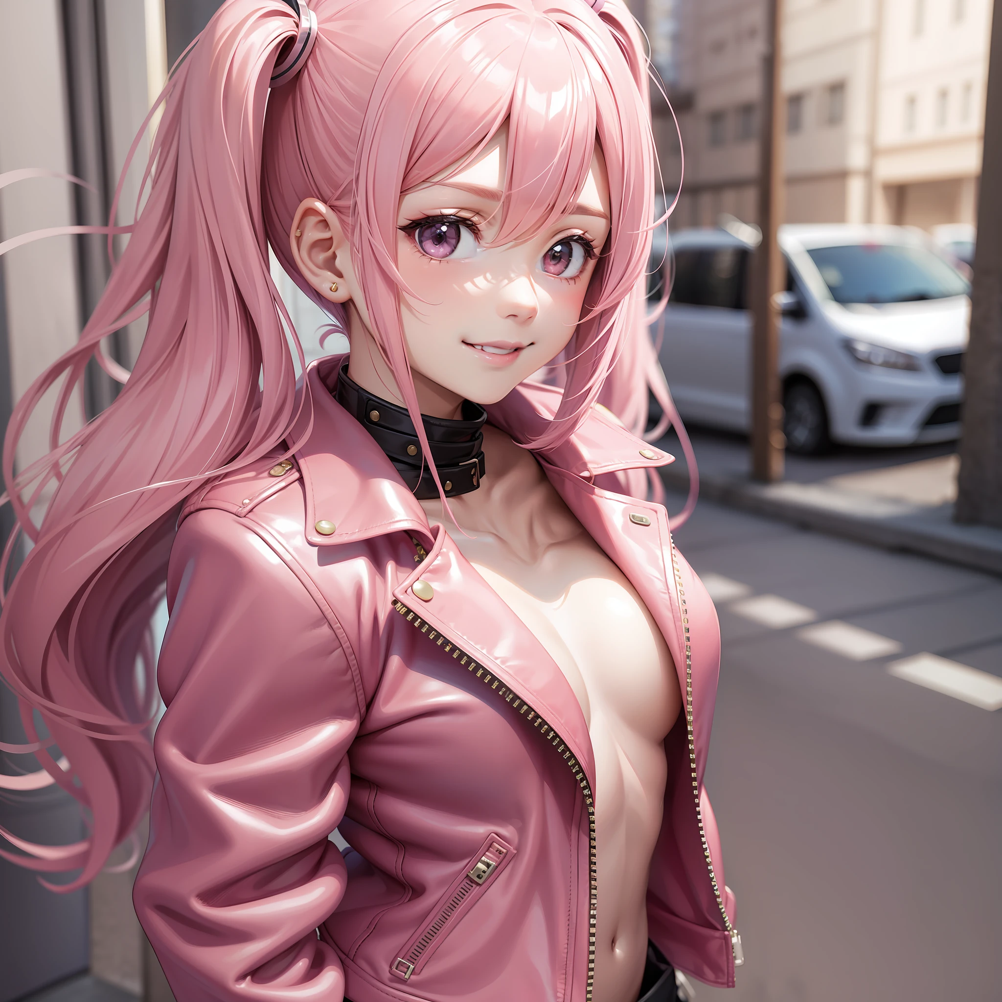 naked leather jacket girl pink hair smile top quality twin tails masterpiece beauty cute